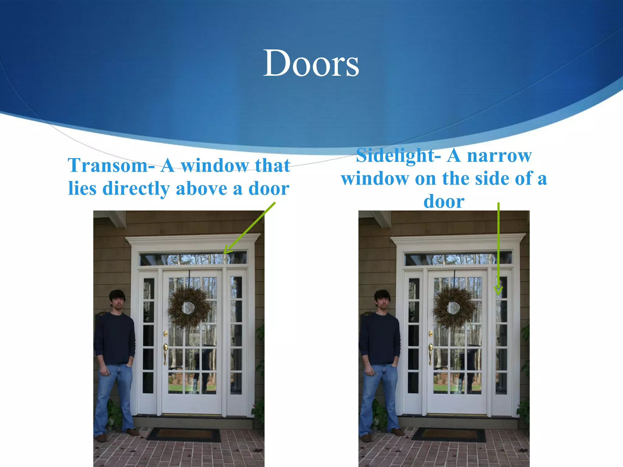 Doors Transom- A window that lies directly above a door Sidelight- A narrow window on the side of a door 