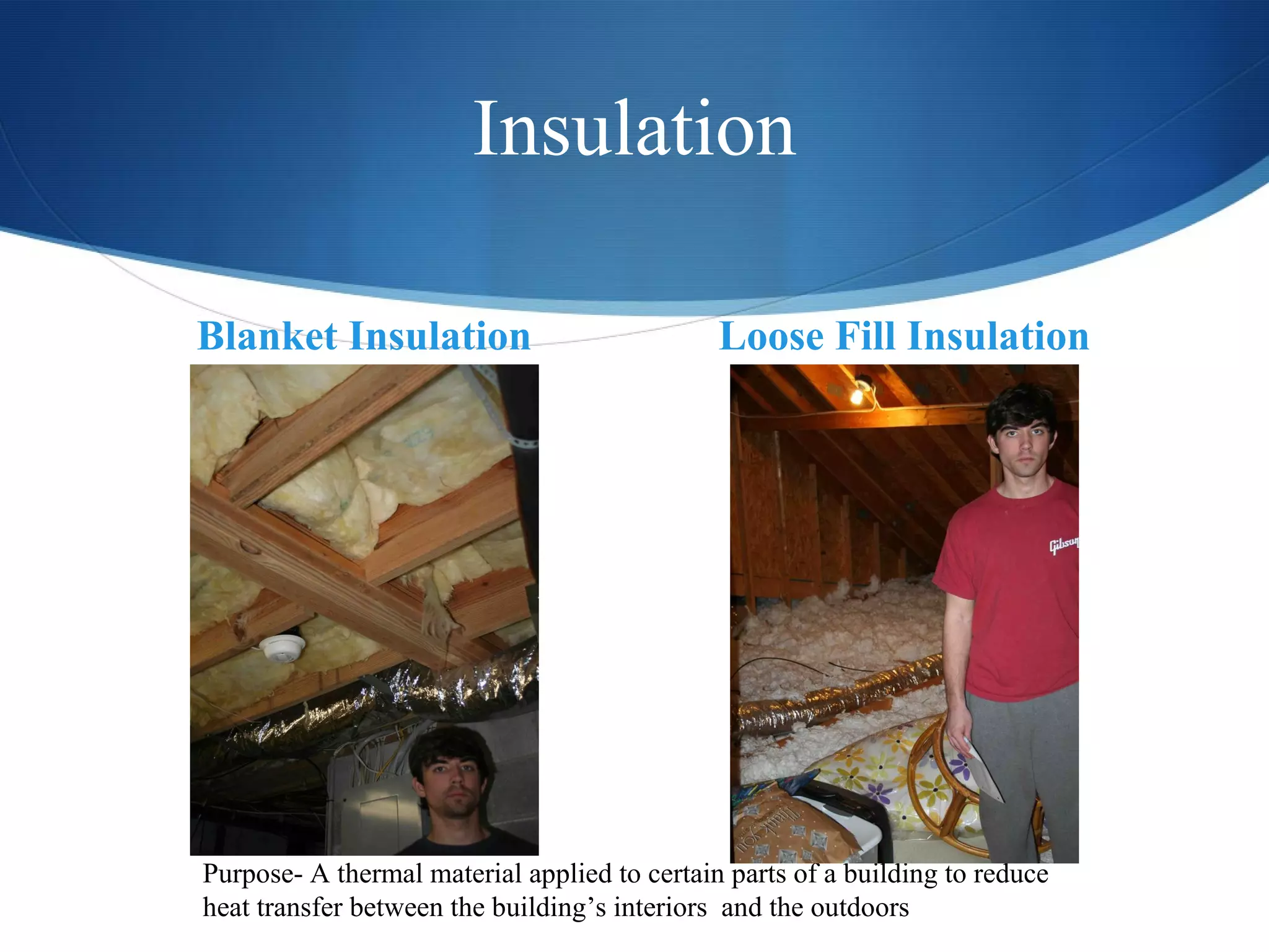 Insulation Blanket Insulation Loose Fill Insulation Purpose- A thermal material applied to certain parts of a building to reduce heat transfer between the building’s interiors  and the outdoors 