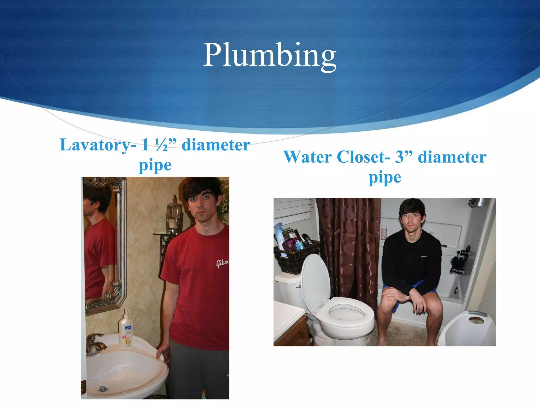 Plumbing Lavatory- 1 ½” diameter pipe Water Closet- 3” diameter pipe 