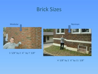 Brick SizesModularNorman3  5/8” by 2  ¼”  by 7  5/8” 4  5/8” by 2  ¼” by 11  5/8”