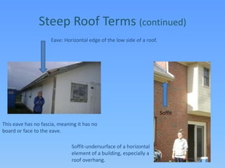 Steep Roof Terms (continued)Eave: Horizontal edge of the low side of a roof. SoffitThis eave has no fascia, meaning it has no board or face to the eave.Soffit-undersurface of a horizontal element of a building, especially a roof overhang.