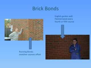 Brick BondsEnglish garden wall: Flemish bond every fourth or fifth courseRunning Bonds: stretcher courses offset