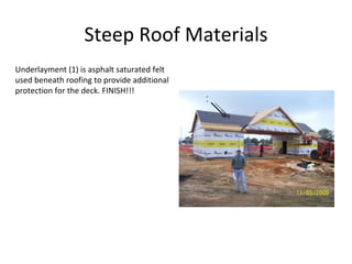 Steep Roof Materials Underlayment (1) is asphalt saturated felt used beneath roofing to provide additional protection for the deck. FINISH!!! 1 