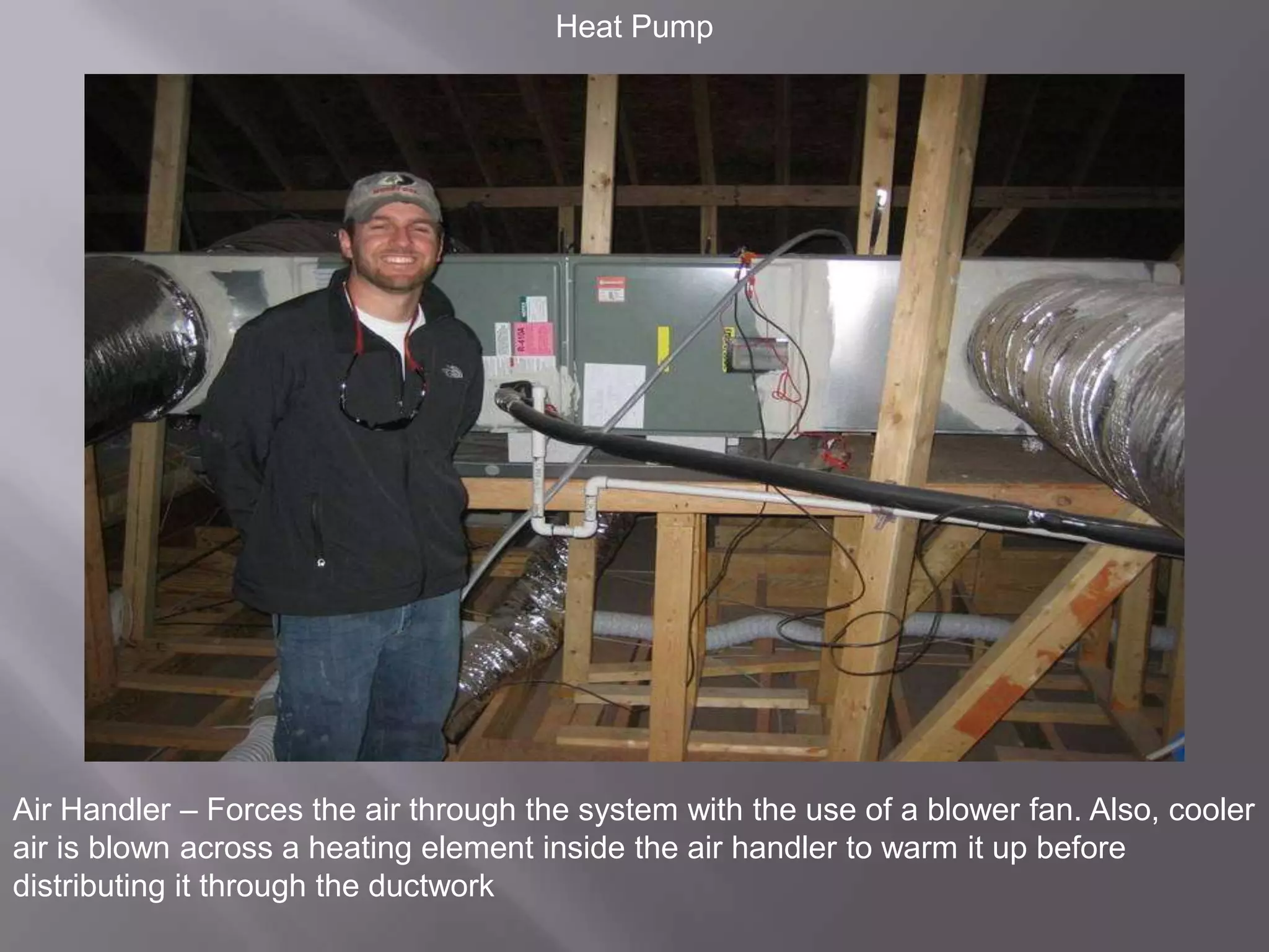 Heat PumpAir Handler – Forces the air through the system with the use of a blower fan. Also, cooler air is blown across a heating element inside the air handler to warm it up before distributing it through the ductwork