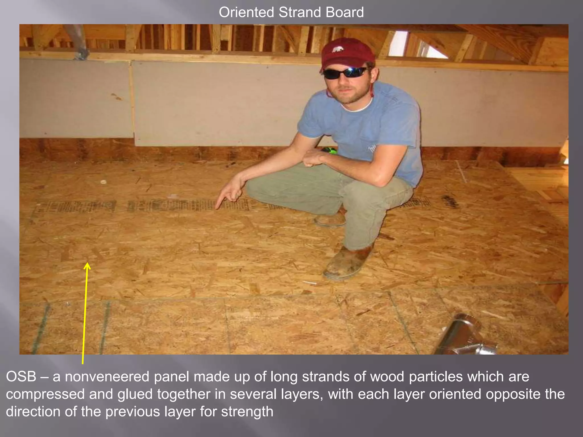 Oriented Strand BoardOSB – a nonveneered panel made up of long strands of wood particles which are compressed and glued together in several layers, with each layer oriented opposite the direction of the previous layer for strength