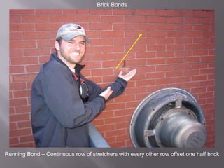 Brick BondsRunning Bond – Continuous row of stretchers with every other row offset one half brick
