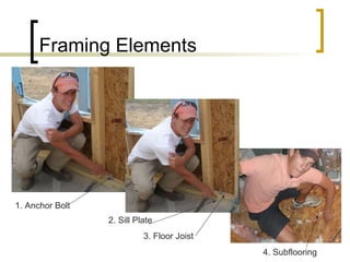 Framing Elements 1. Anchor Bolt 2. Sill Plate 3. Floor Joist 4. Subflooring 