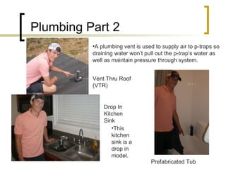 Plumbing Part 2 A plumbing vent is used to supply air to p-traps so draining water won’t pull out the p-trap’s water as well as maintain pressure through system. Vent Thru Roof (VTR) Drop In Kitchen Sink Prefabricated Tub This kitchen sink is a drop in model. 