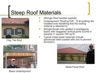 Steep Roof Materials (Shingle Roof besides asphalt) Underlayment-”Roofing Felt”, 15 lb building felt installed over sheathing that the roofing material is attached to. Shingle-Small units applied in overlapping layers with staggered vertical joints (Come in squares (1 square=100 sq ft) Typical metal panel materials include galvanized steel (coated with zinc to prevent corrosion) Clay Tile Roof Black Underlayment Metal Panel Roof 