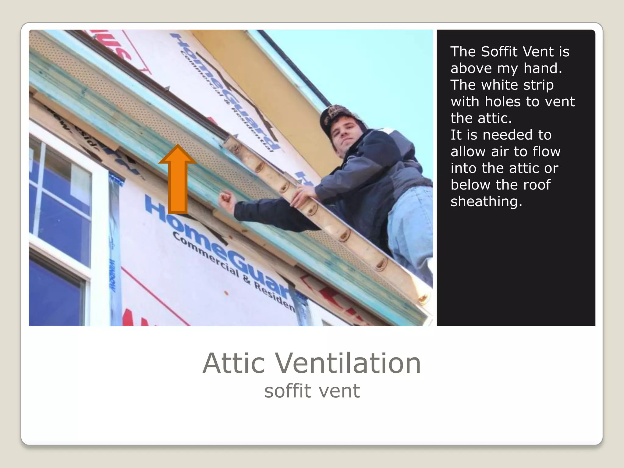 Attic Ventilationsoffit ventThe Soffit Vent is above my hand. The white strip with holes to vent the attic.It is needed to allow air to flow into the attic or below the roof sheathing.