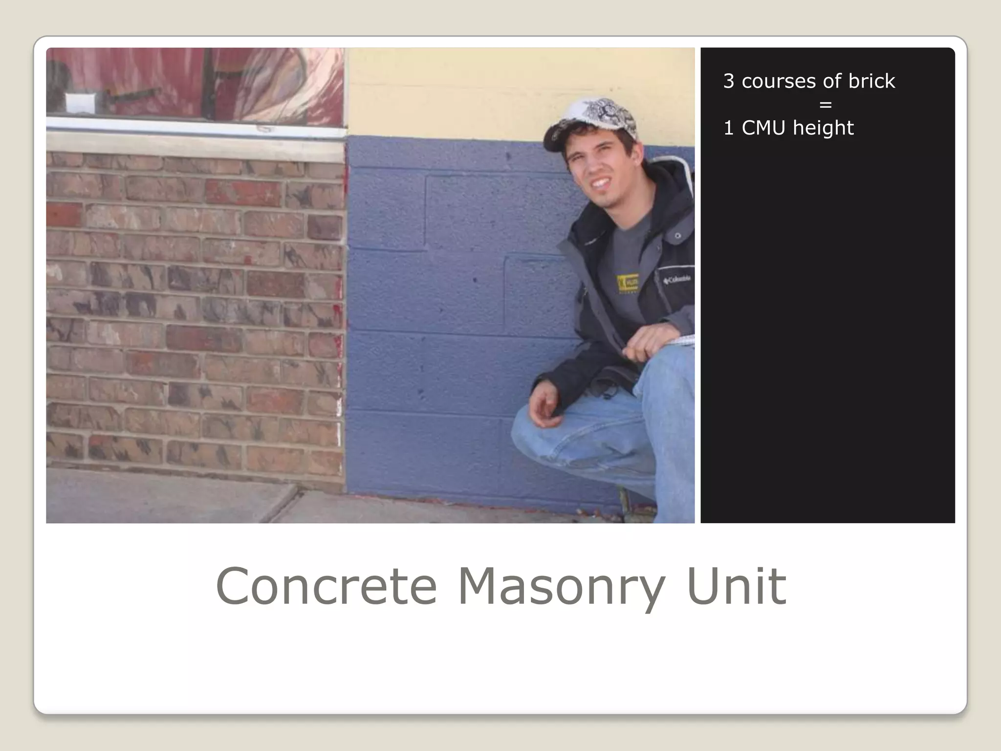 Concrete Masonry Unit3 courses of brick	=1 CMU height