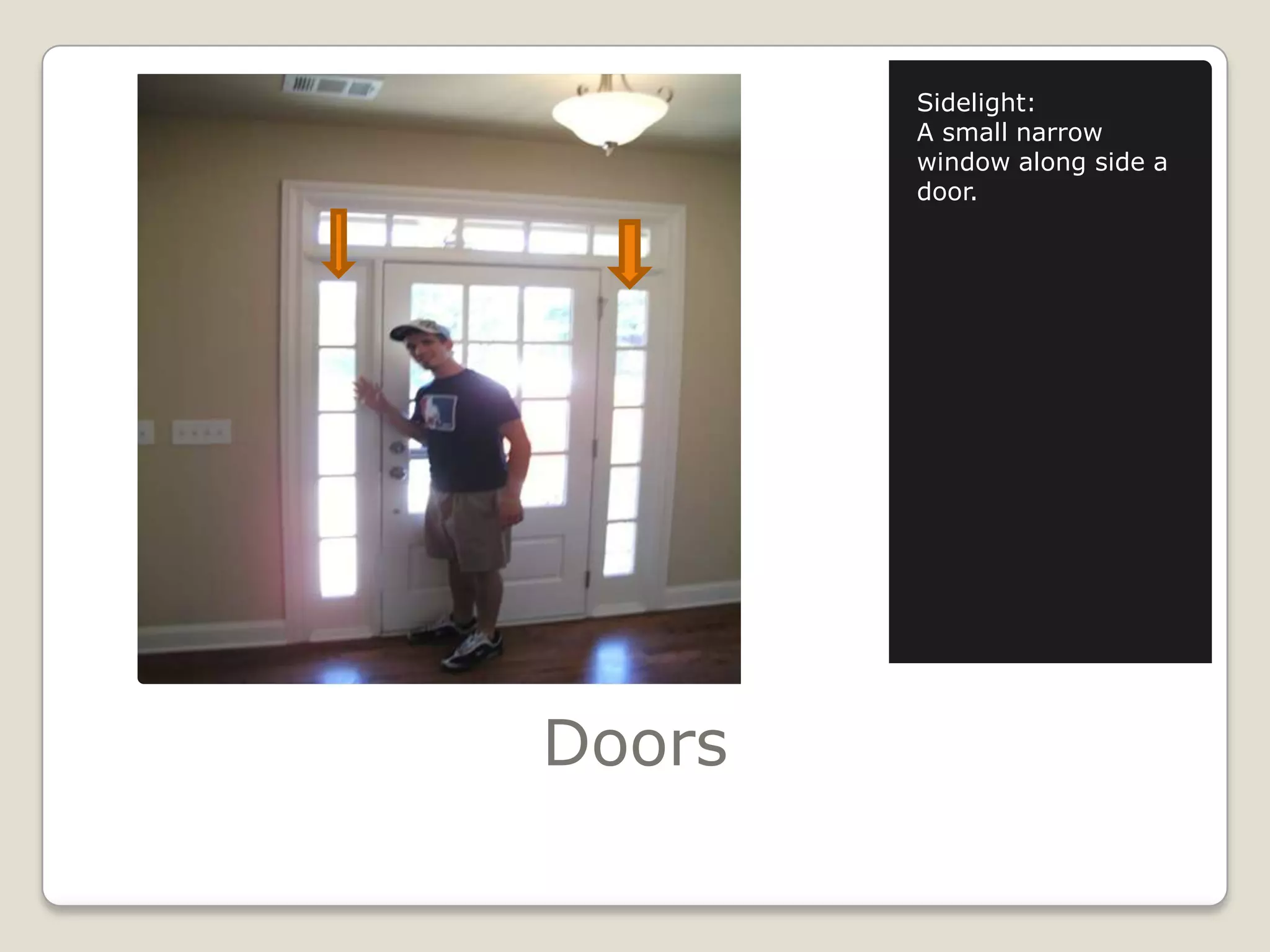 DoorsSidelight:A small narrow window along side a door.