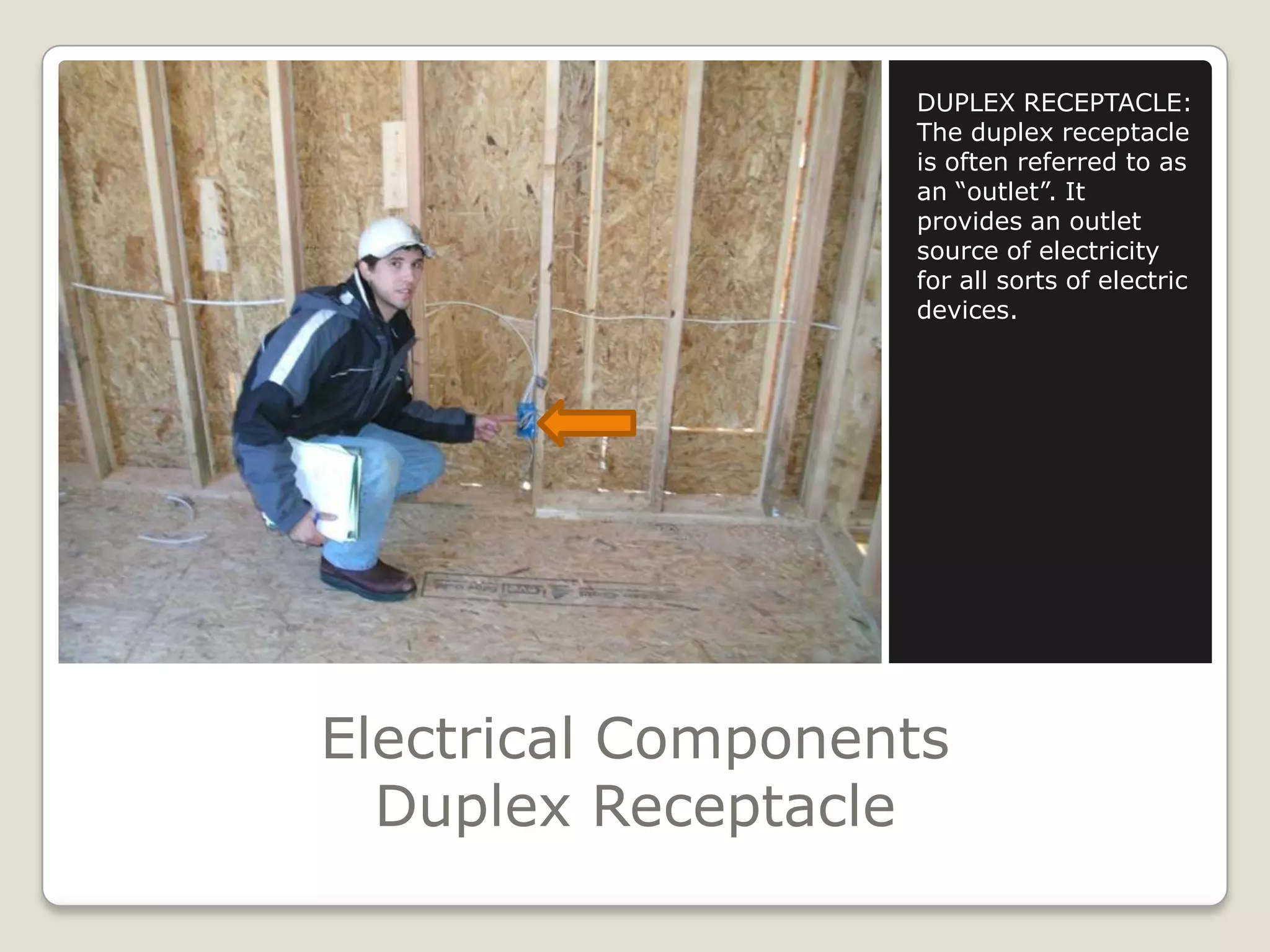 Electrical ComponentsDuplex ReceptacleDUPLEX RECEPTACLE:The duplex receptacle is often referred to as an “outlet”. It provides an outlet source of electricity for all sorts of electric devices.