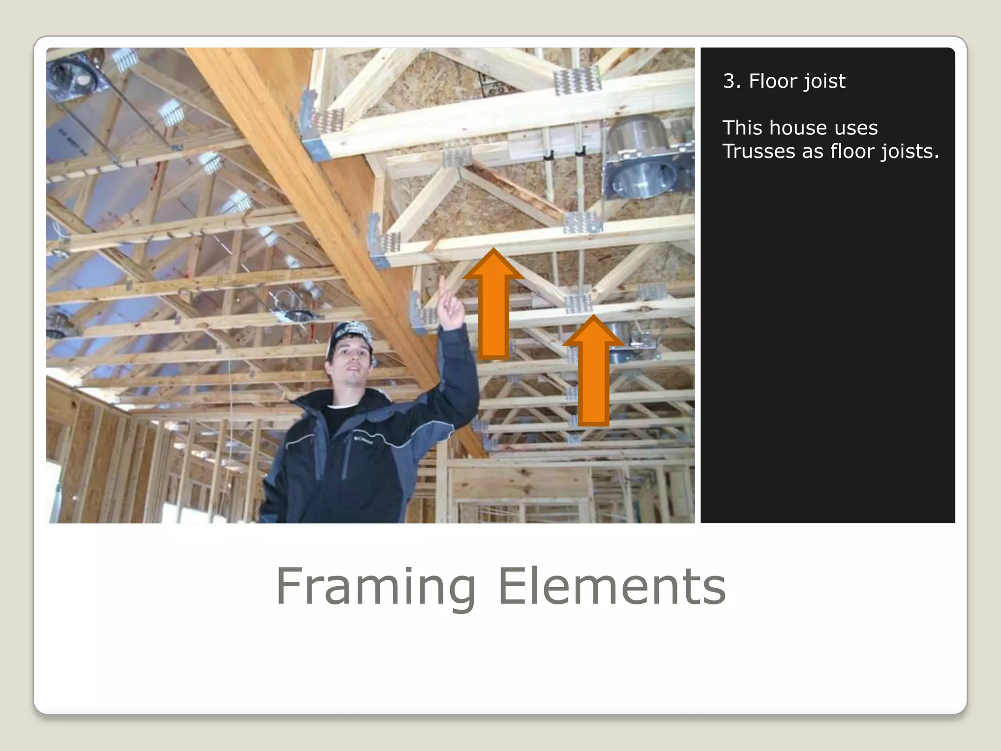 Framing Elements3. Floor joistThis house uses Trusses as floor joists.