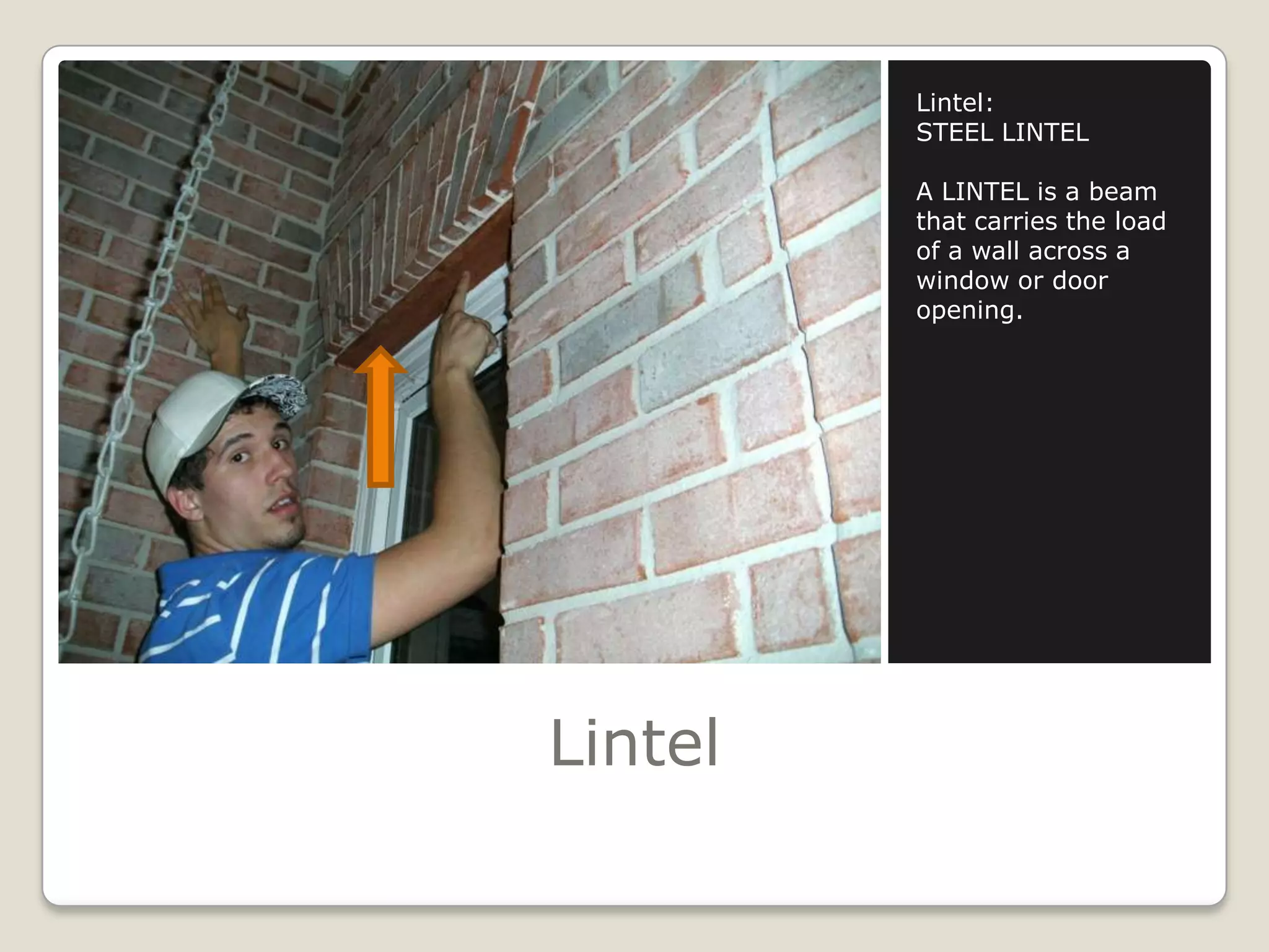 LintelLintel:STEEL LINTELA LINTEL is a beam that carries the load of a wall across a window or door opening.