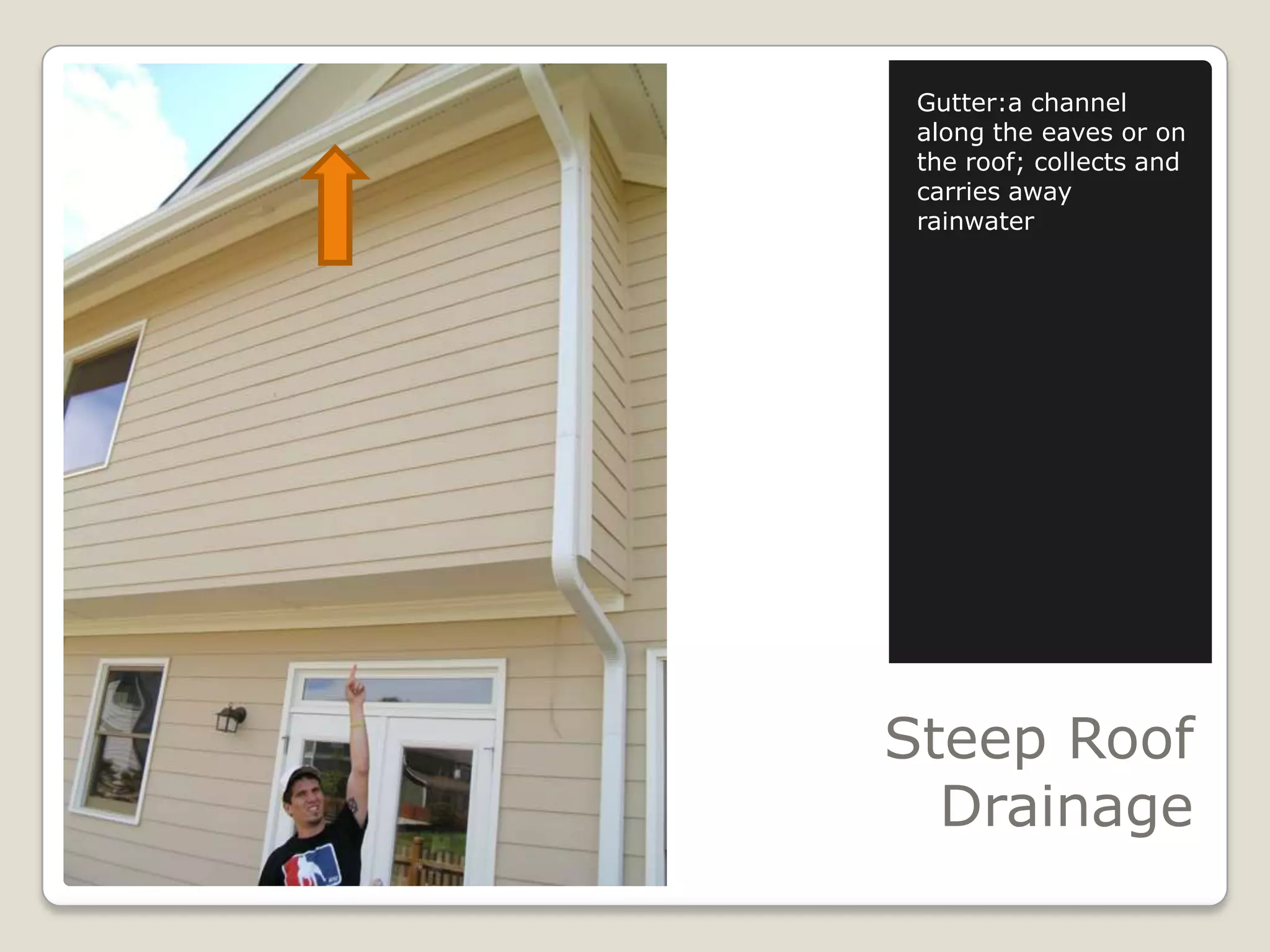 Steep Roof DrainageGutter:a channel along the eaves or on the roof; collects and carries away rainwater