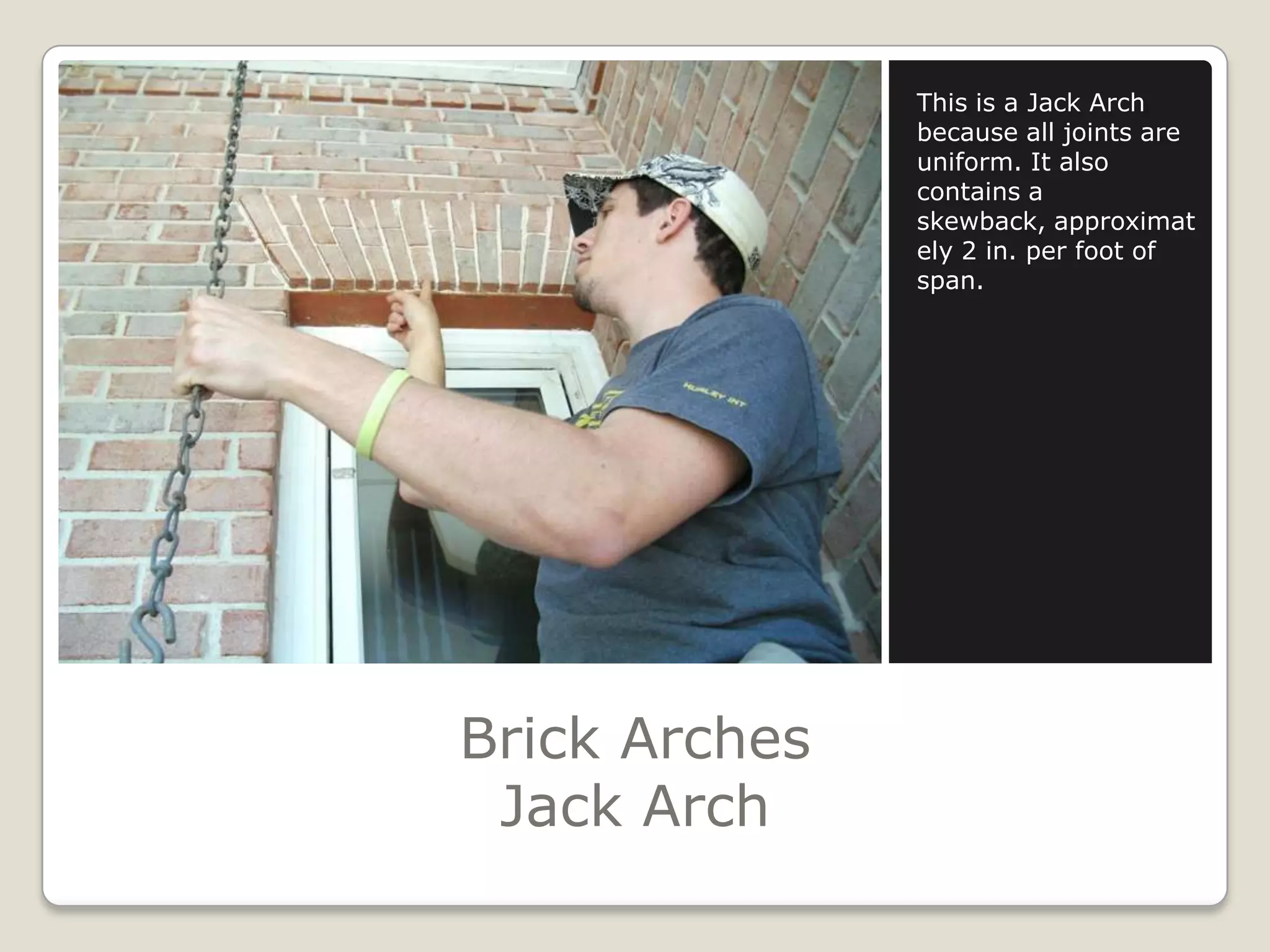 Brick ArchesJack ArchThis is a Jack Arch because all joints are uniform. It also contains a skewback, approximately 2 in. per foot of span.