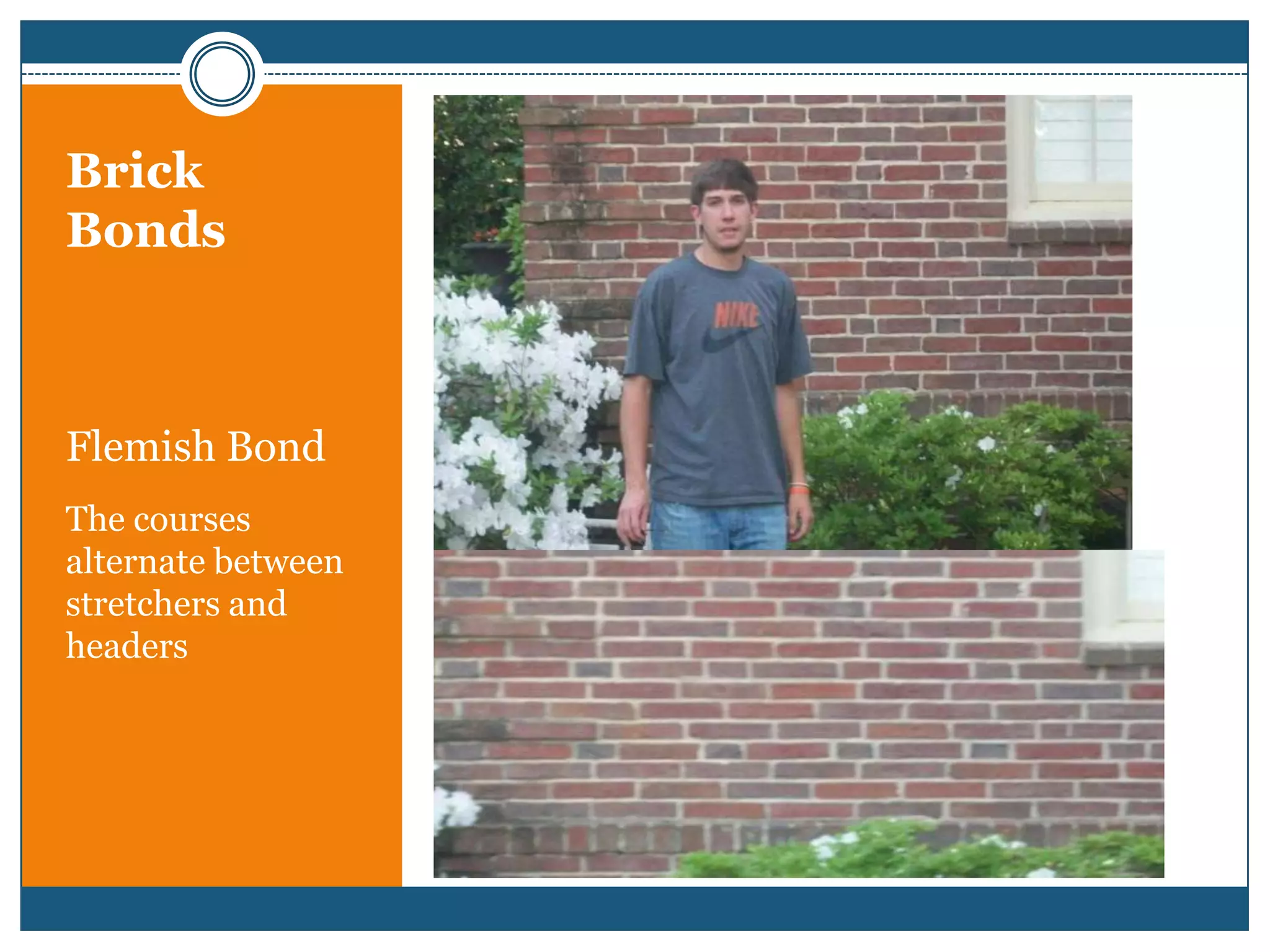 Brick BondsFlemish BondThe courses alternate between stretchers and headers