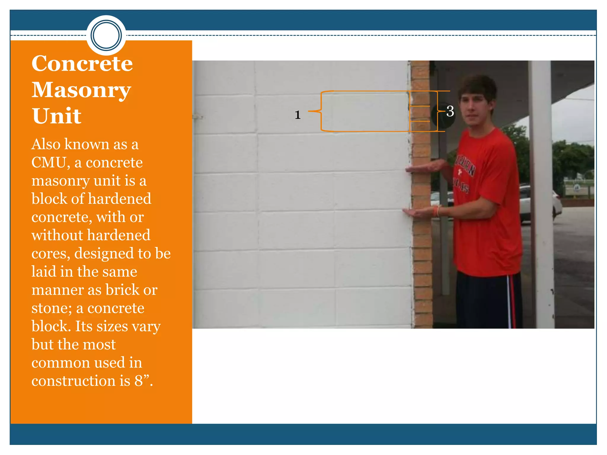 Concrete Masonry Unit31Also known as a CMU, a concrete masonry unit is a block of hardened concrete, with or without hardened cores, designed to be laid in the same manner as brick or stone; a concrete block. Its sizes vary but the most common used in construction is 8”. 