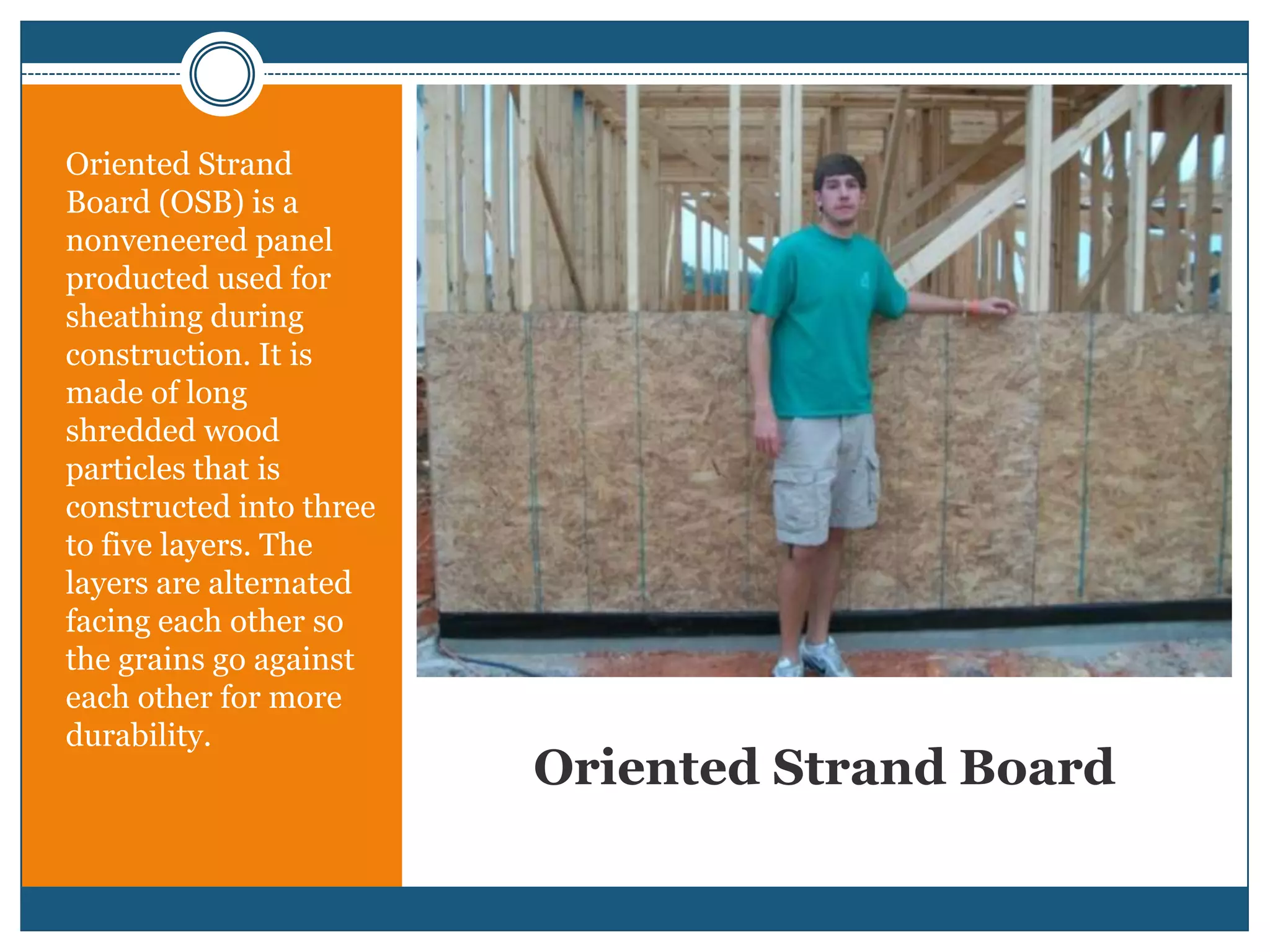 Oriented Strand BoardOriented Strand Board (OSB) is a nonveneered panel producted used for sheathing during construction. It is made of long shredded wood particles that is constructed into three to five layers. The layers are alternated facing each other so the grains go against each other for more durability.