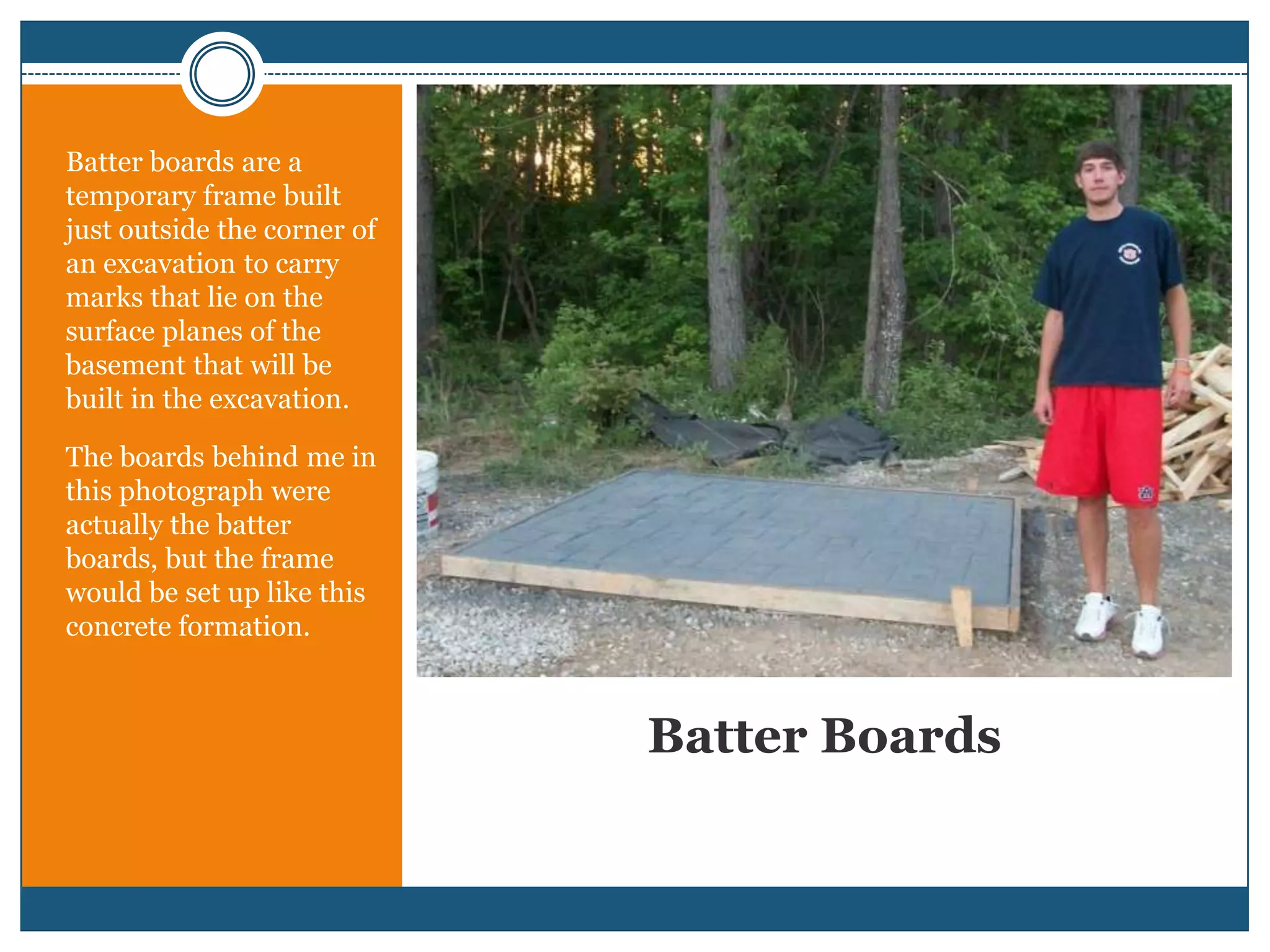 Batter BoardsBatter boards are a temporary frame built just outside the corner of an excavation to carry marks that lie on the surface planes of the basement that will be built in the excavation.The boards behind me in this photograph were actually the batter boards, but the frame would be set up like this concrete formation.