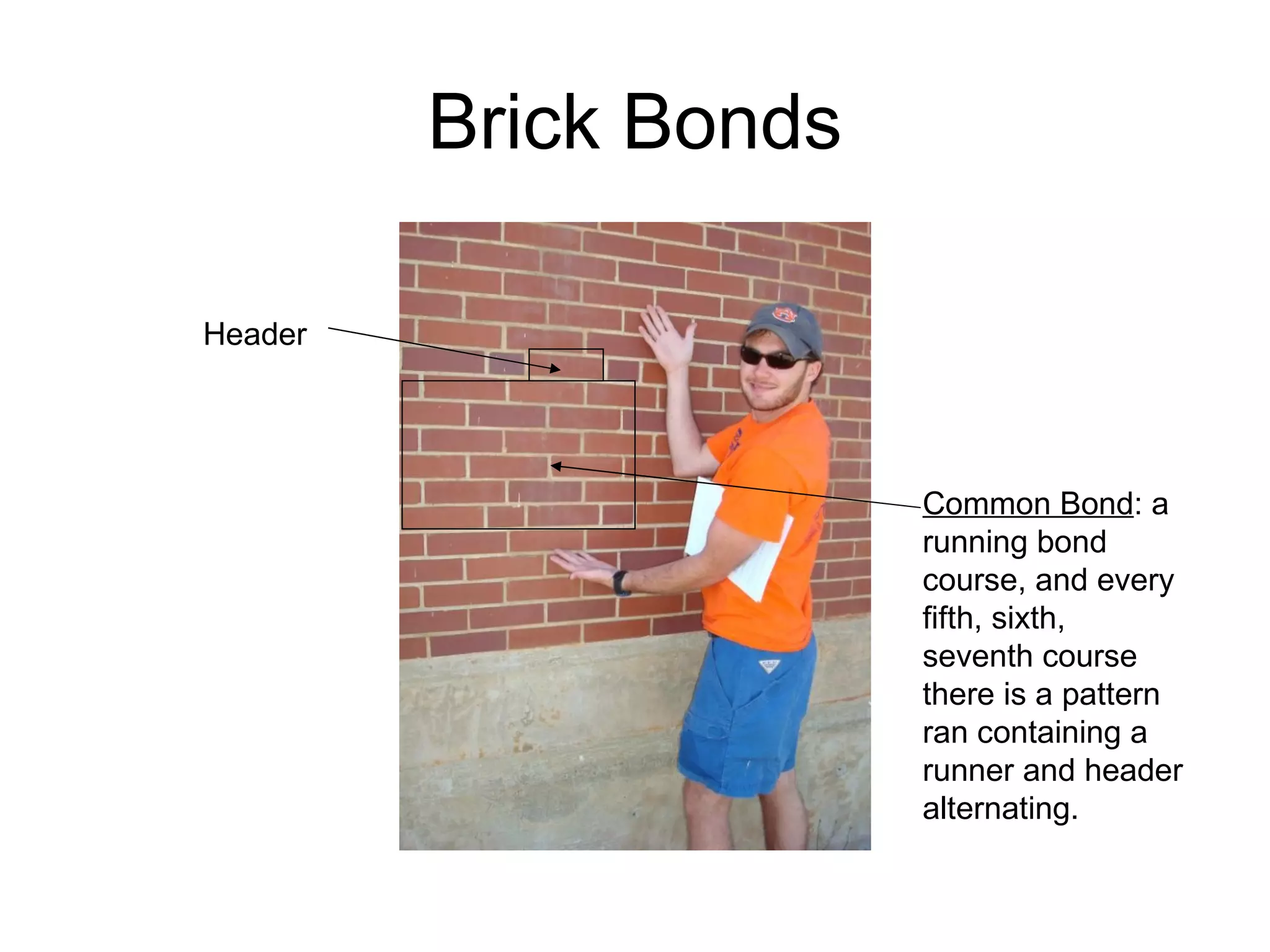 Brick Bonds Header Common Bond : a running bond course, and every fifth, sixth, seventh course there is a pattern ran containing a runner and header alternating.  