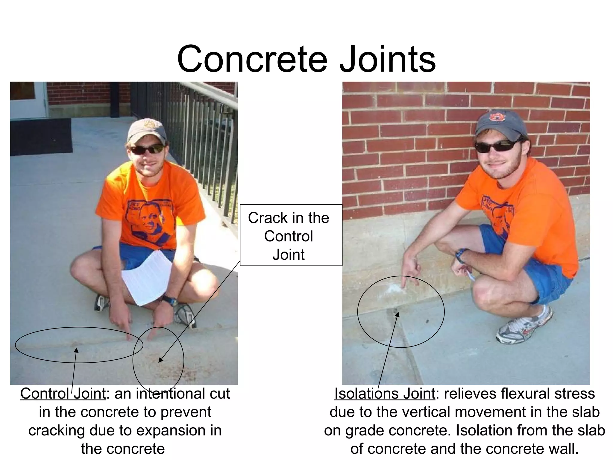 Concrete Joints Control Joint : an intentional cut in the concrete to prevent cracking due to expansion in the concrete  Crack in the Control Joint Isolations Joint : relieves flexural stress due to the vertical movement in the slab on grade concrete. Isolation from the slab of concrete and the concrete wall. 