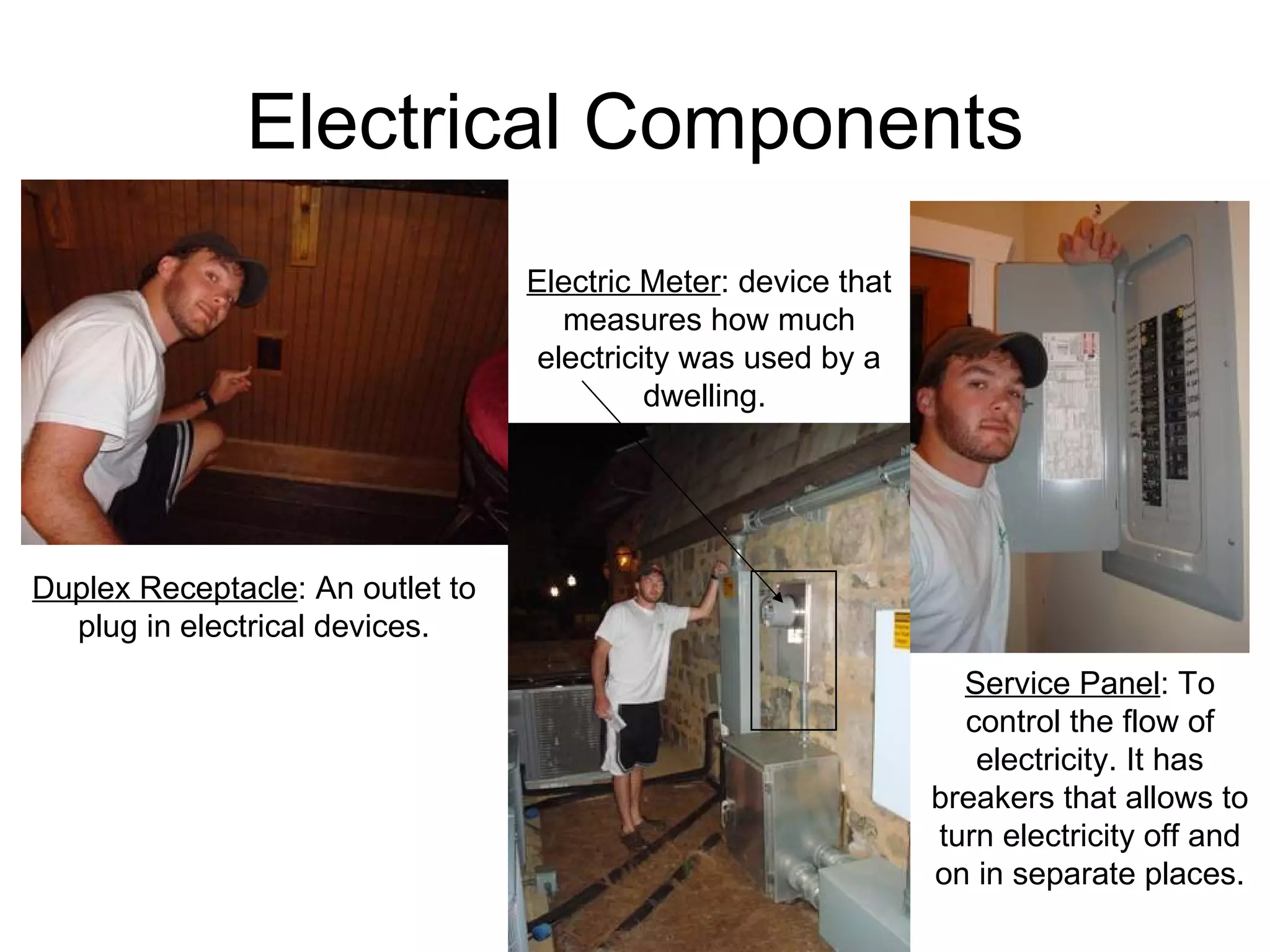 Electrical Components Electric Meter : device that measures how much electricity was used by a dwelling.  Service Panel : To control the flow of electricity. It has breakers that allows to turn electricity off and on in separate places. Duplex Receptacle : An outlet to plug in electrical devices. 