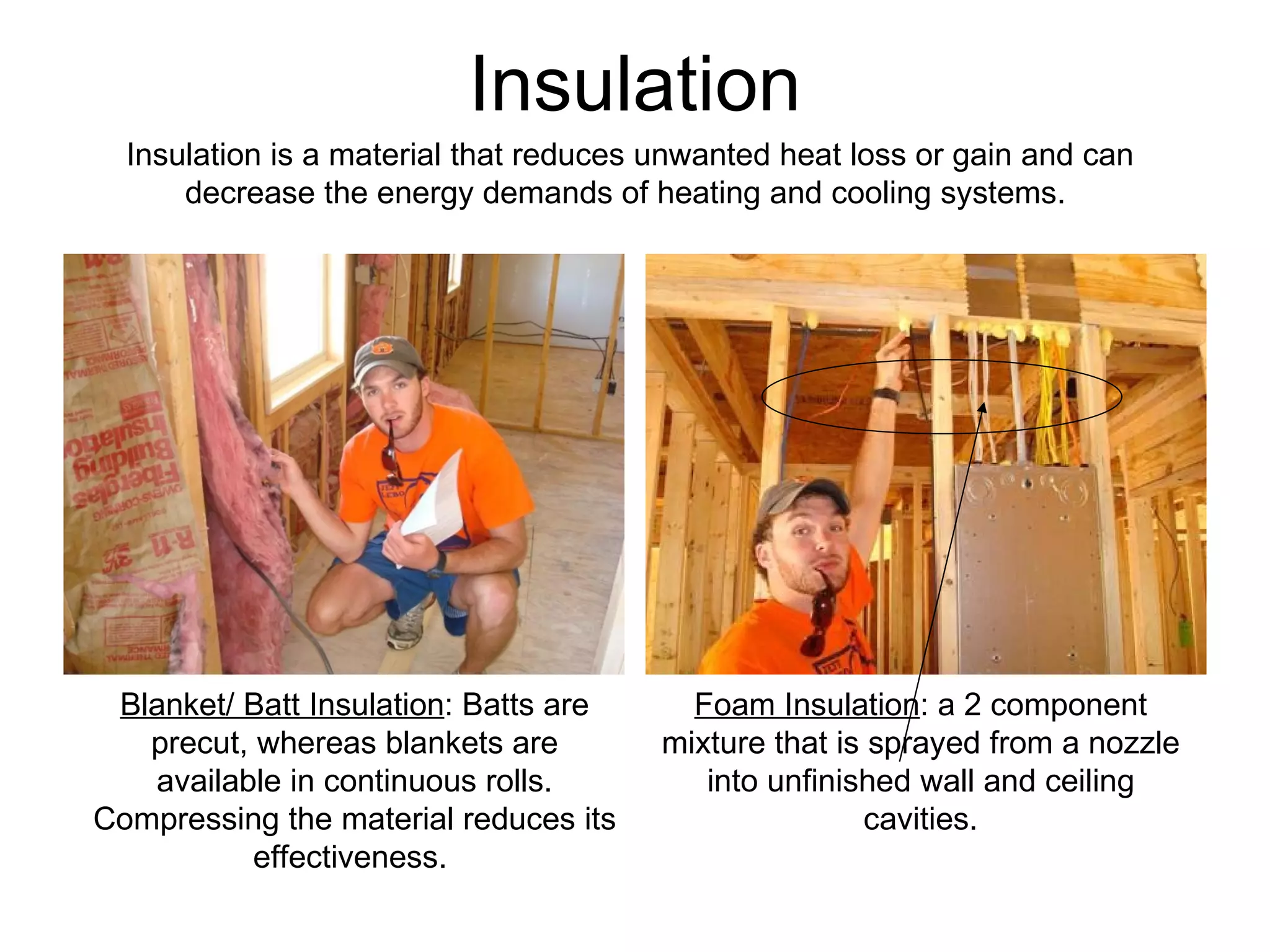 Insulation Blanket/ Batt Insulation : Batts are precut, whereas blankets are available in continuous rolls. Compressing the material reduces its effectiveness.  Foam Insulation : a 2 component mixture that is sprayed from a nozzle into unfinished wall and ceiling cavities. Insulation is a material that reduces unwanted heat loss or gain and can decrease the energy demands of heating and cooling systems.  