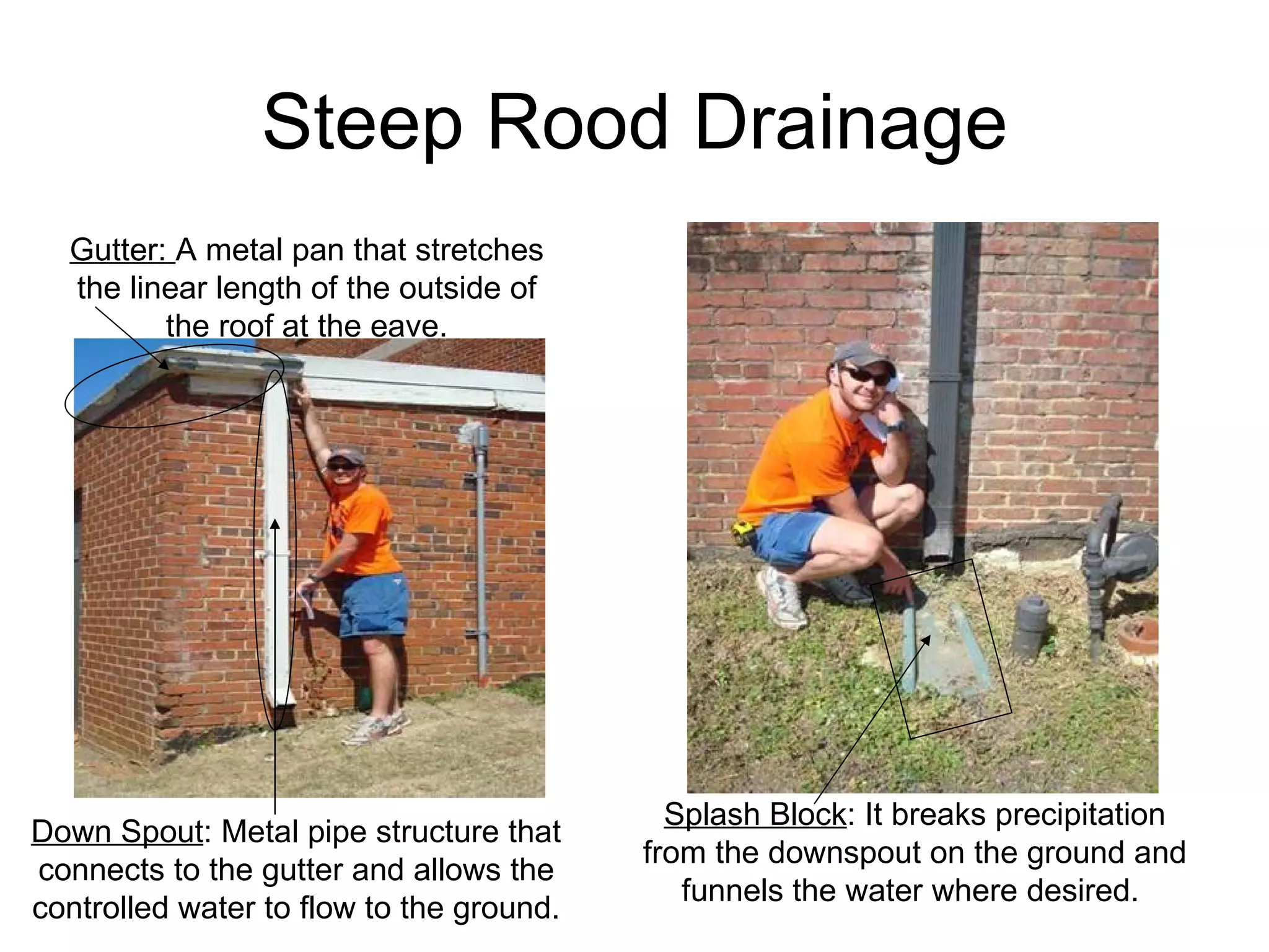 Steep Rood Drainage Down Spout : Metal pipe structure that connects to the gutter and allows the controlled water to flow to the ground. Gutter:  A metal pan that stretches the linear length of the outside of the roof at the eave. Splash Block : It breaks precipitation from the downspout on the ground and funnels the water where desired.  