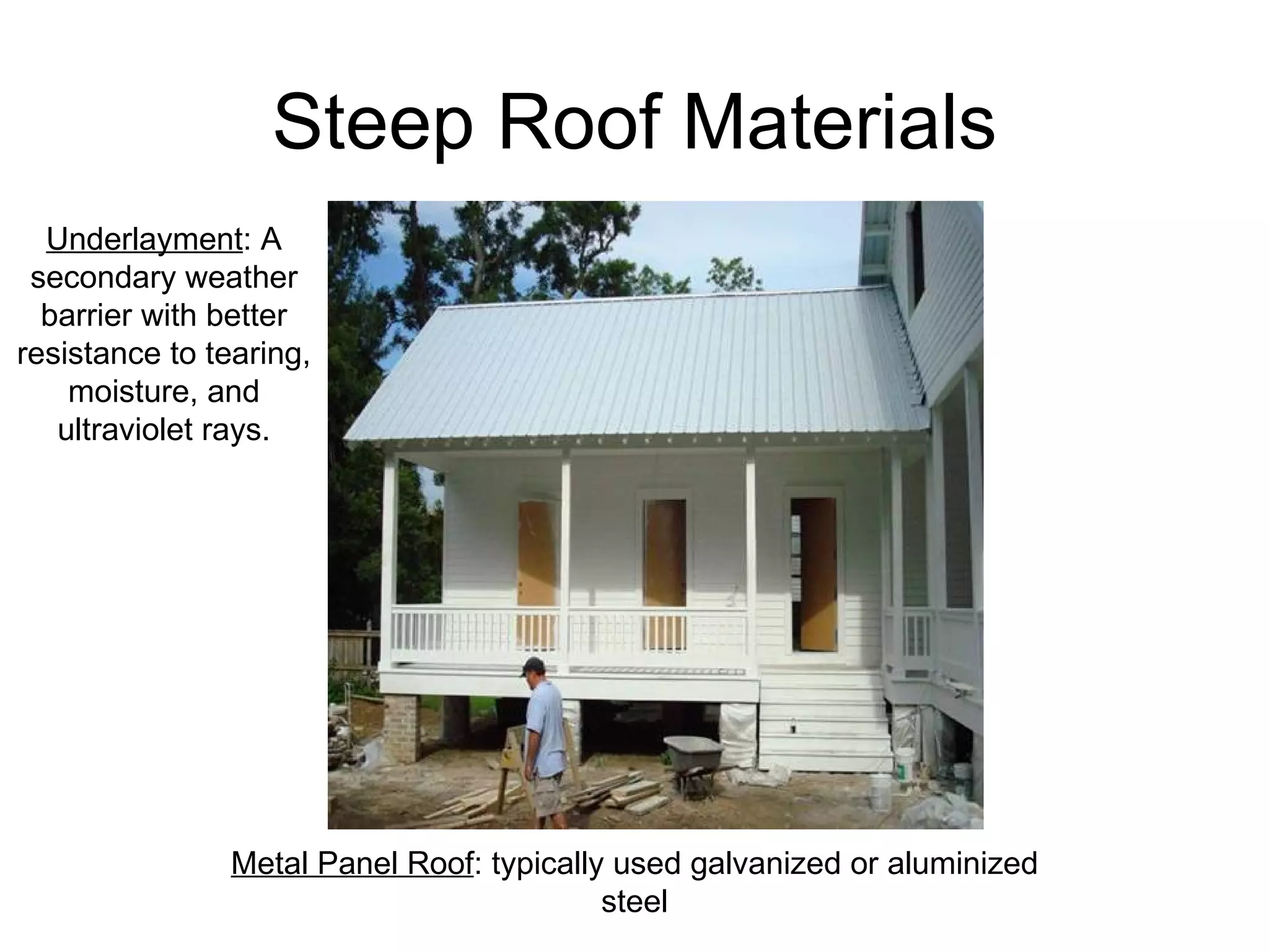 Steep Roof Materials Metal Panel Roof : typically used galvanized or aluminized steel Underlayment : A secondary weather barrier with better resistance to tearing, moisture, and ultraviolet rays. 