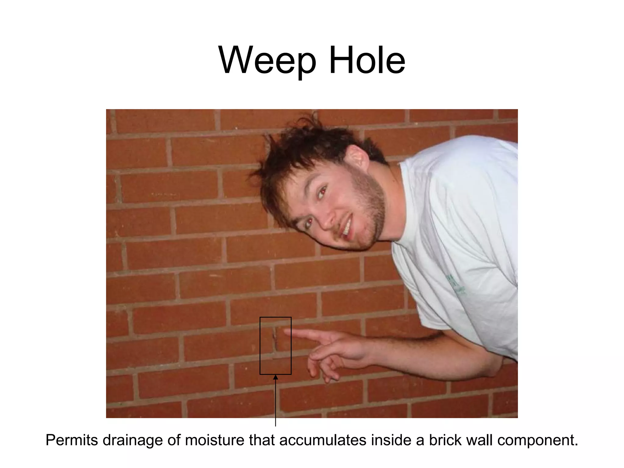 Weep Hole Permits drainage of moisture that accumulates inside a brick wall component. 
