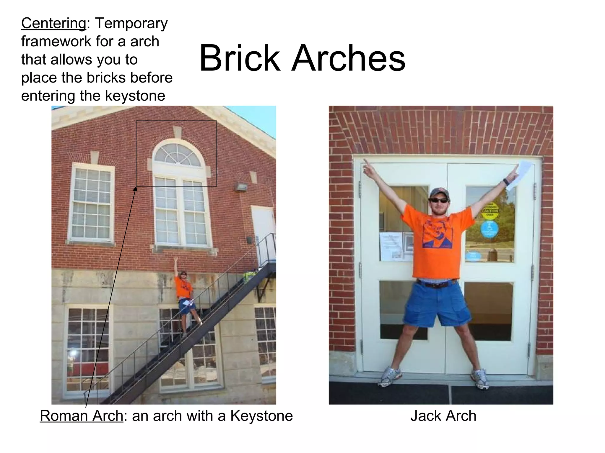 Brick Arches Roman Arch : an arch with a Keystone Centering : Temporary framework for a arch that allows you to place the bricks before entering the keystone  Jack Arch 