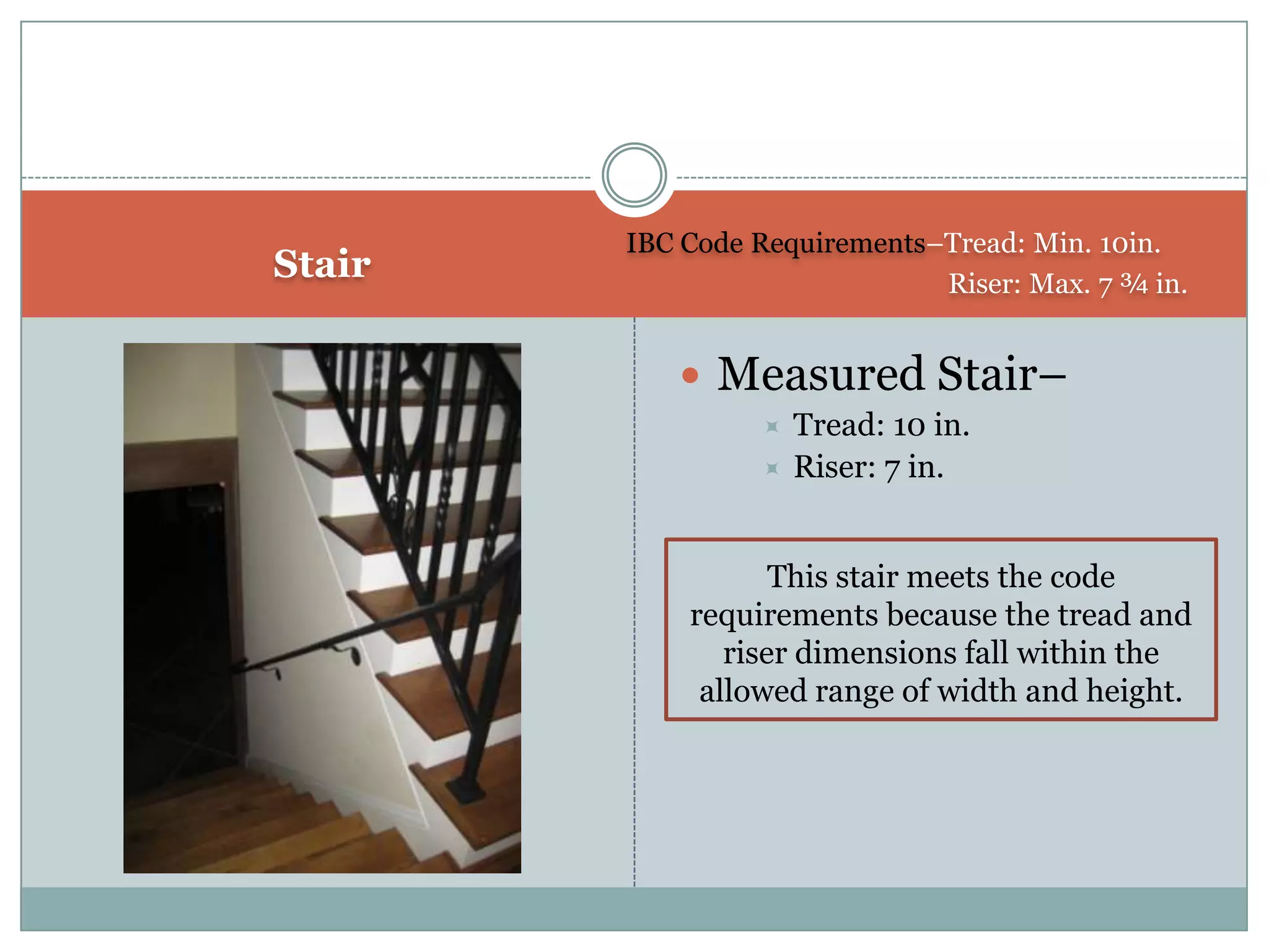 StairIBC Code Requirements–Tread: Min. 10in.		          Riser: Max. 7 ¾ in.Measured Stair– Tread: 10 in.Riser: 7 in.This stair meets the code requirements because the tread and riser dimensions fall within the allowed range of width and height.