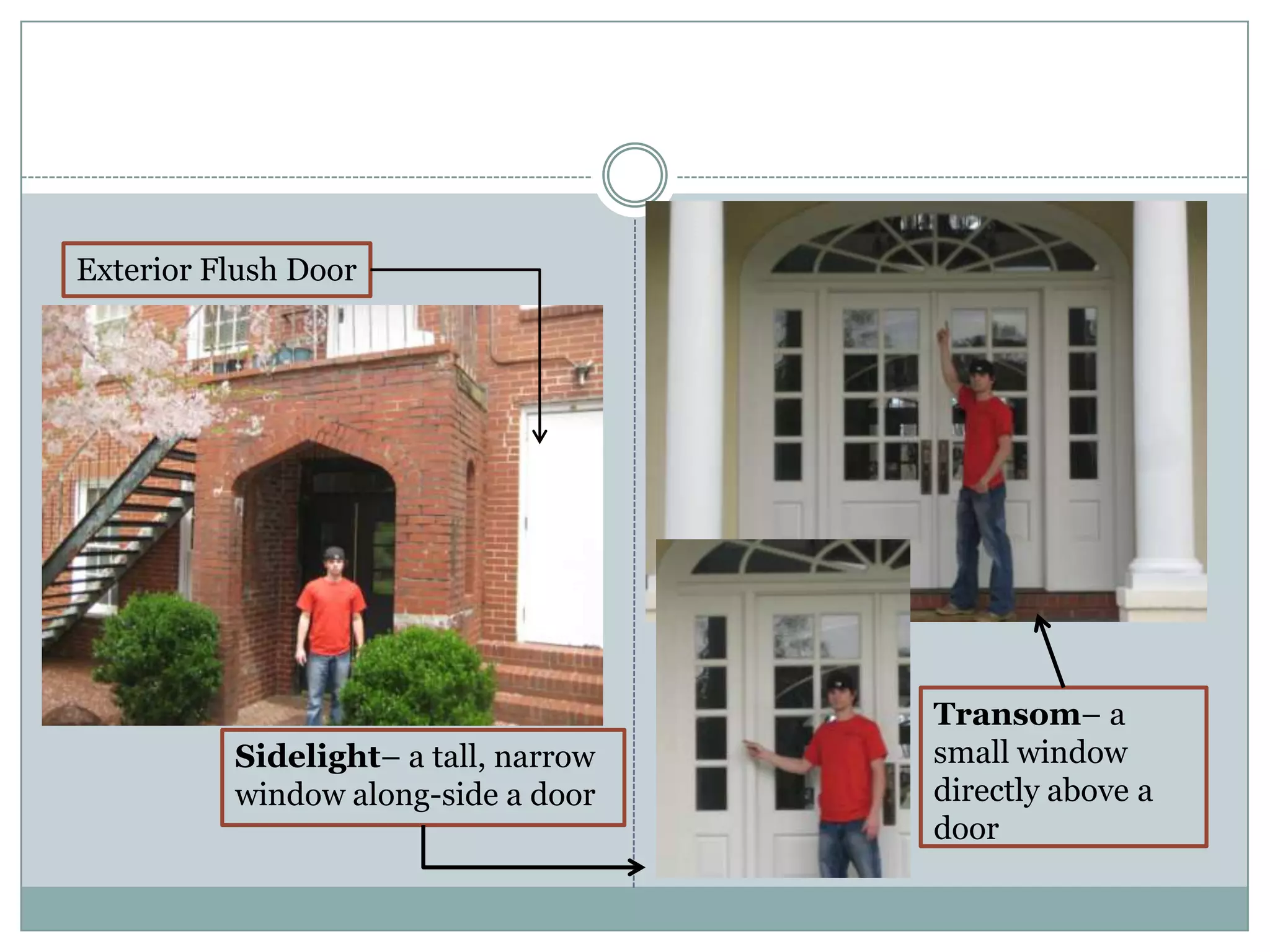 Exterior Flush DoorTransom– a small window directly above a doorSidelight– a tall, narrow window along-side a door