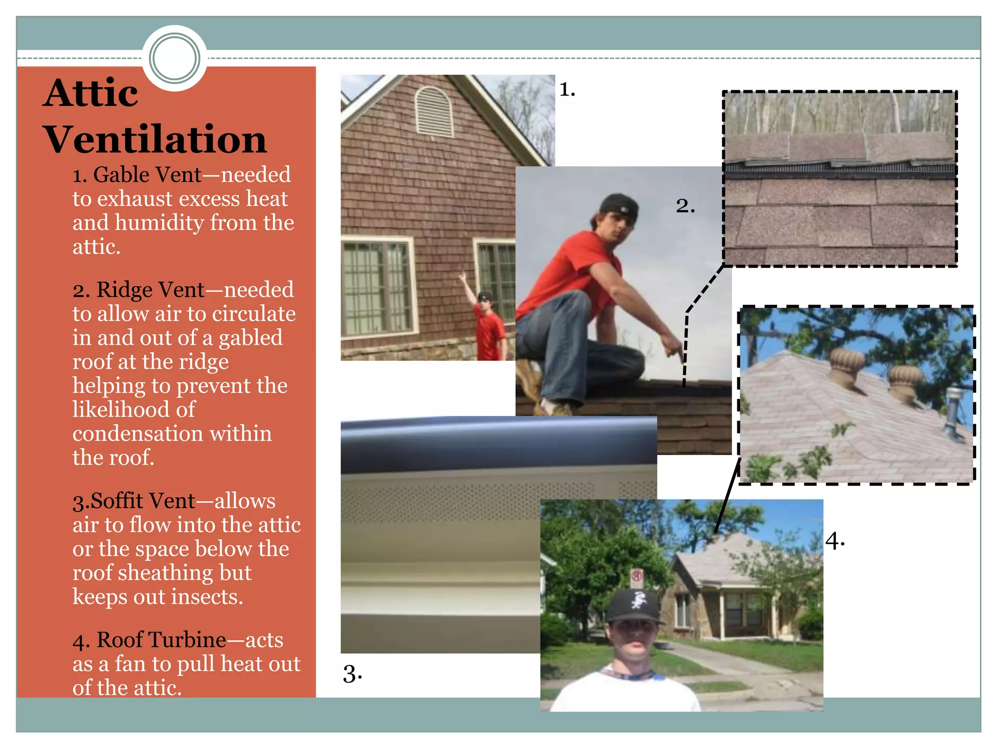 Attic Ventilation1.1. Gable Vent—needed to exhaust excess heat and humidity from the attic.2. Ridge Vent—needed to allow air to circulate in and out of a gabled roof at the ridge helping to prevent the likelihood of condensation within the roof.3.SoffitVent—allows air to flow into the attic or the space below the roof sheathing but keeps out insects.4. Roof Turbine—acts as a fan to pull heat out of the attic.2.4.3.