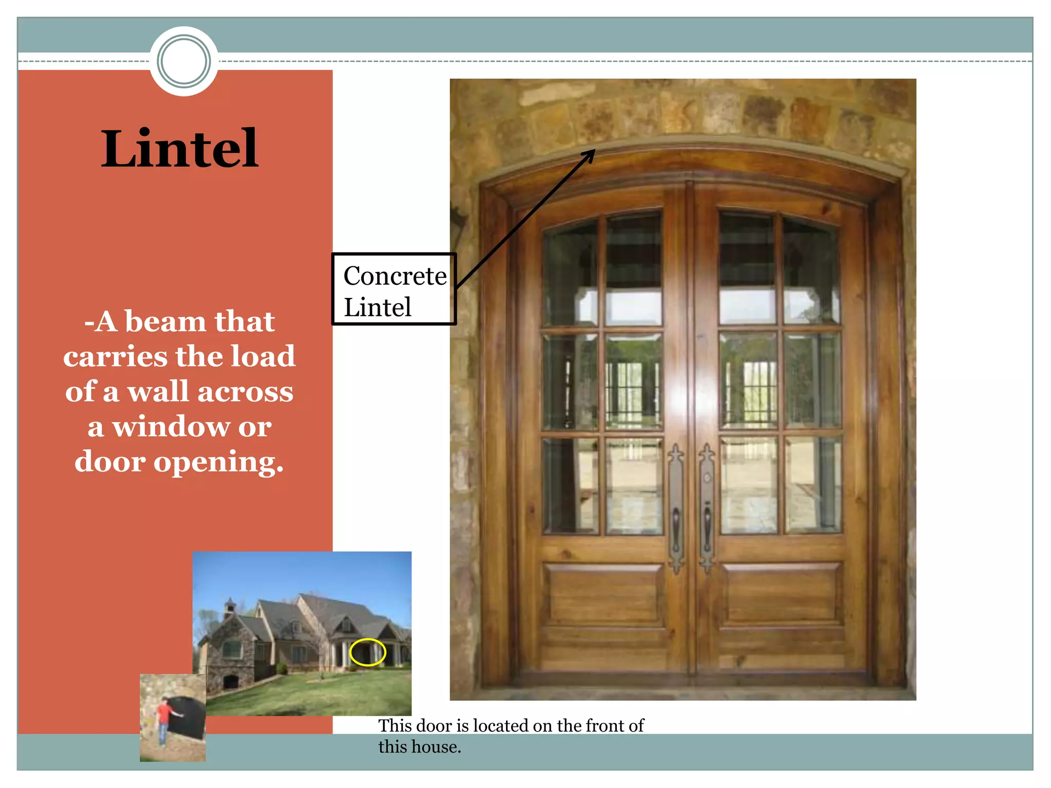 LintelConcrete Lintel-A beam that carries the load of a wall across a window or door opening.This door is located on the front of this house.