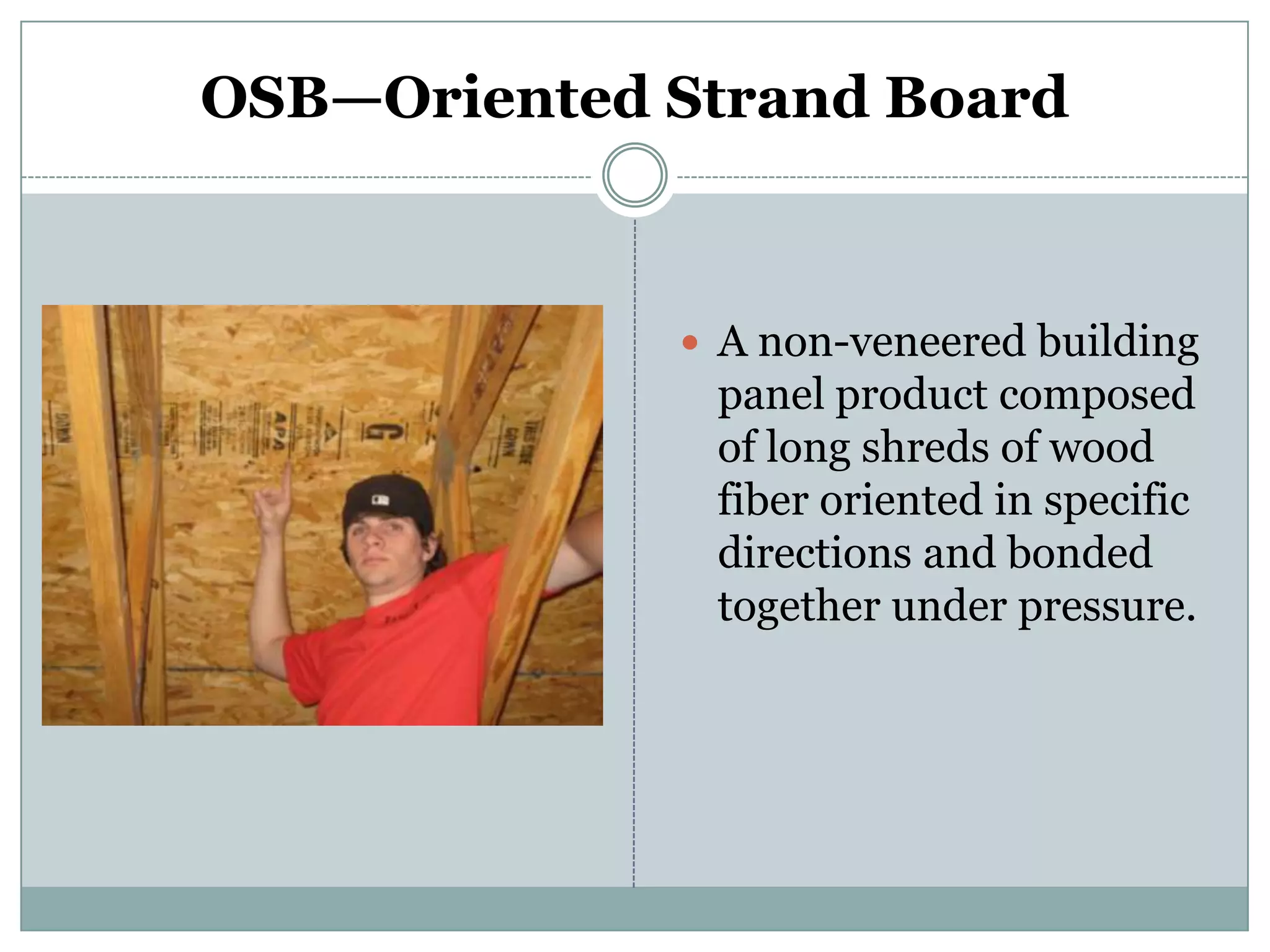 OSB—Oriented Strand BoardA non-veneered building panel product composed of long shreds of wood fiber oriented in specific directions and bonded together under pressure. 
