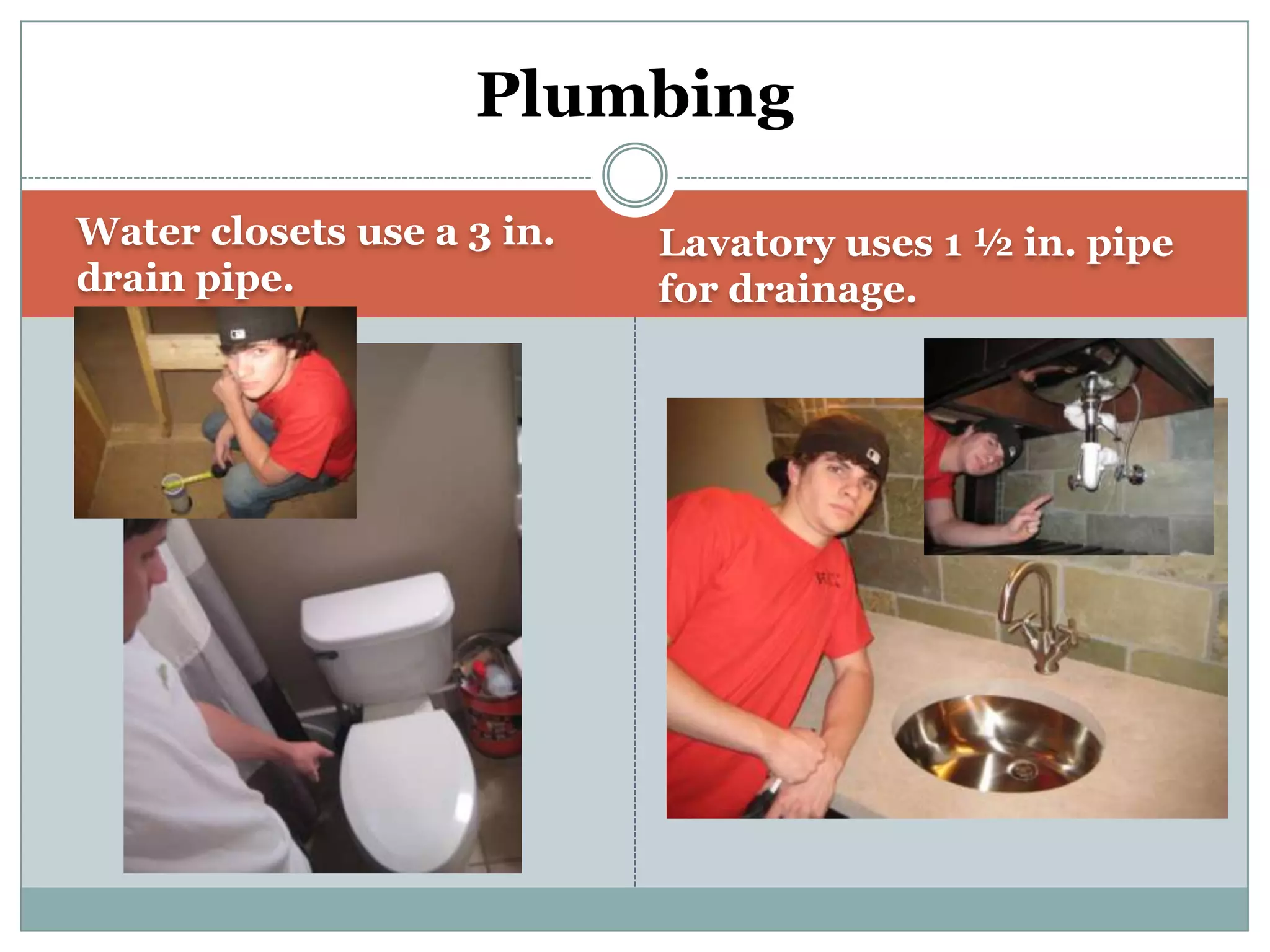 Water closets use a 3 in. drain pipe.Lavatory uses 1 ½ in. pipe for drainage.Plumbing