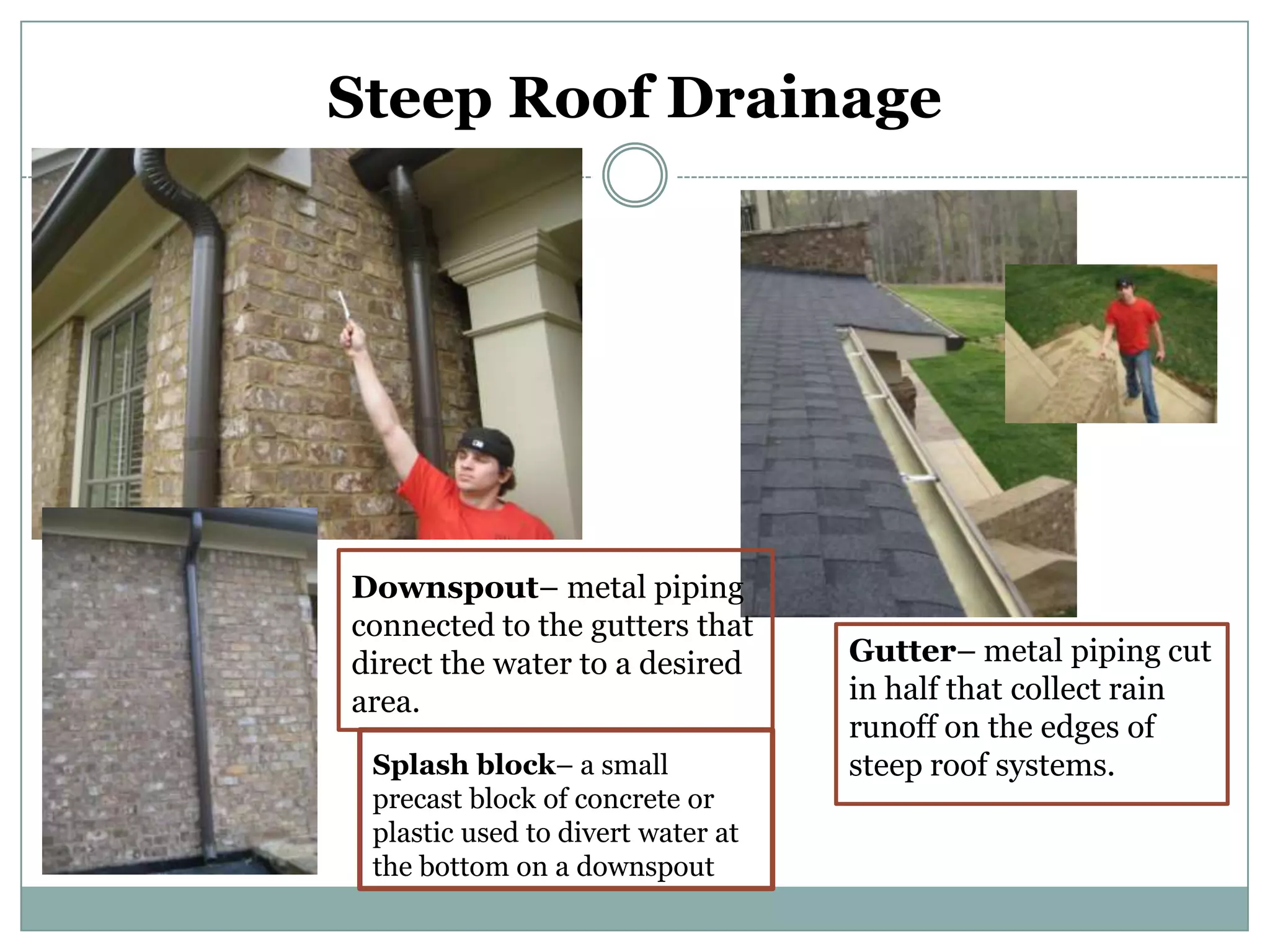 Steep Roof DrainageDownspout– metal piping connected to the gutters that direct the water to a desired area.Gutter– metal piping cut in half that collect rain runoff on the edges of steep roof systems.Splash block– a small precast block of concrete or plastic used to divert water at the bottom on a downspout 