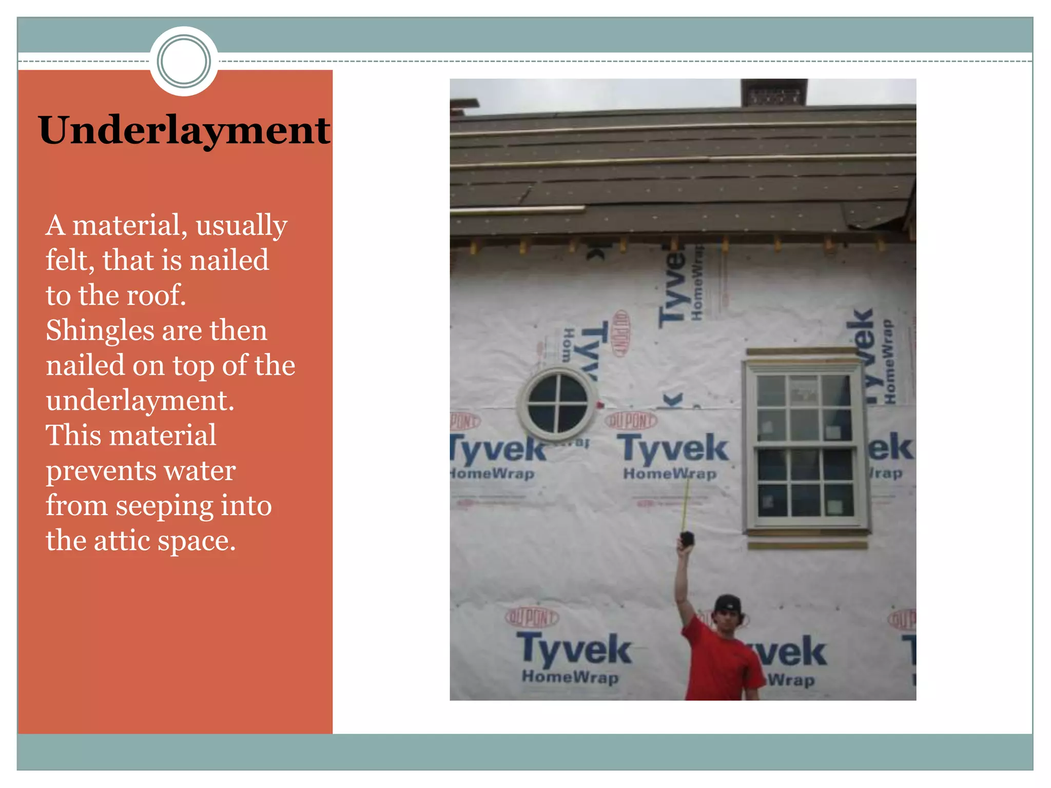 UnderlaymentA material, usually felt, that is nailed to the roof.  Shingles are then nailed on top of the underlayment.  This material prevents water from seeping into the attic space.