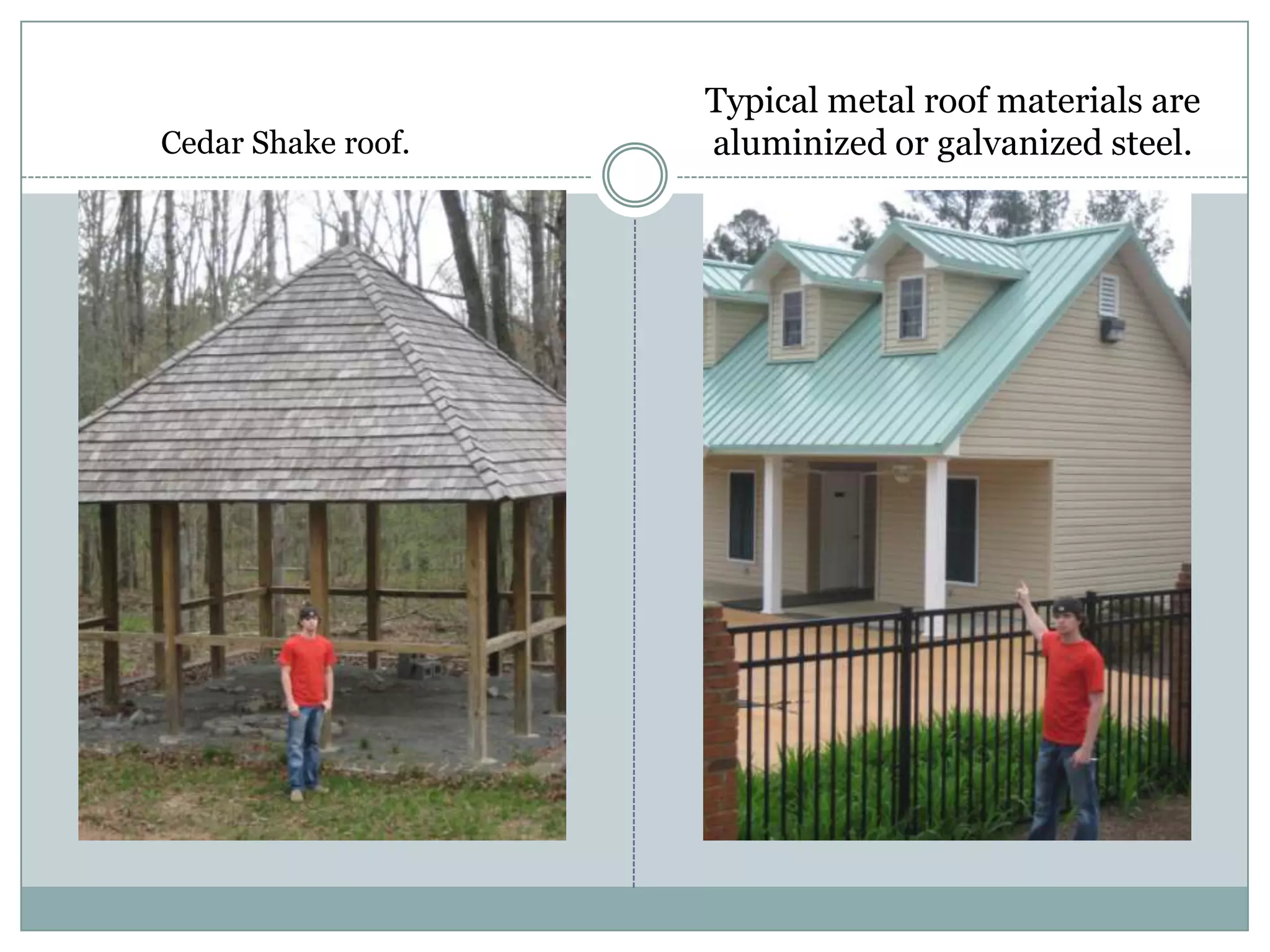 Typical metal roof materials are aluminized or galvanized steel.Cedar Shake roof.
