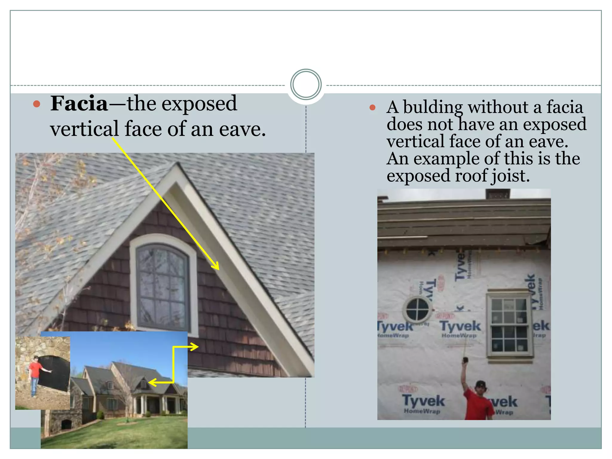 Facia—the exposed vertical face of an eave.	A bulding without a facia does not have an exposed vertical face of an eave. An example of this is the exposed roof joist.