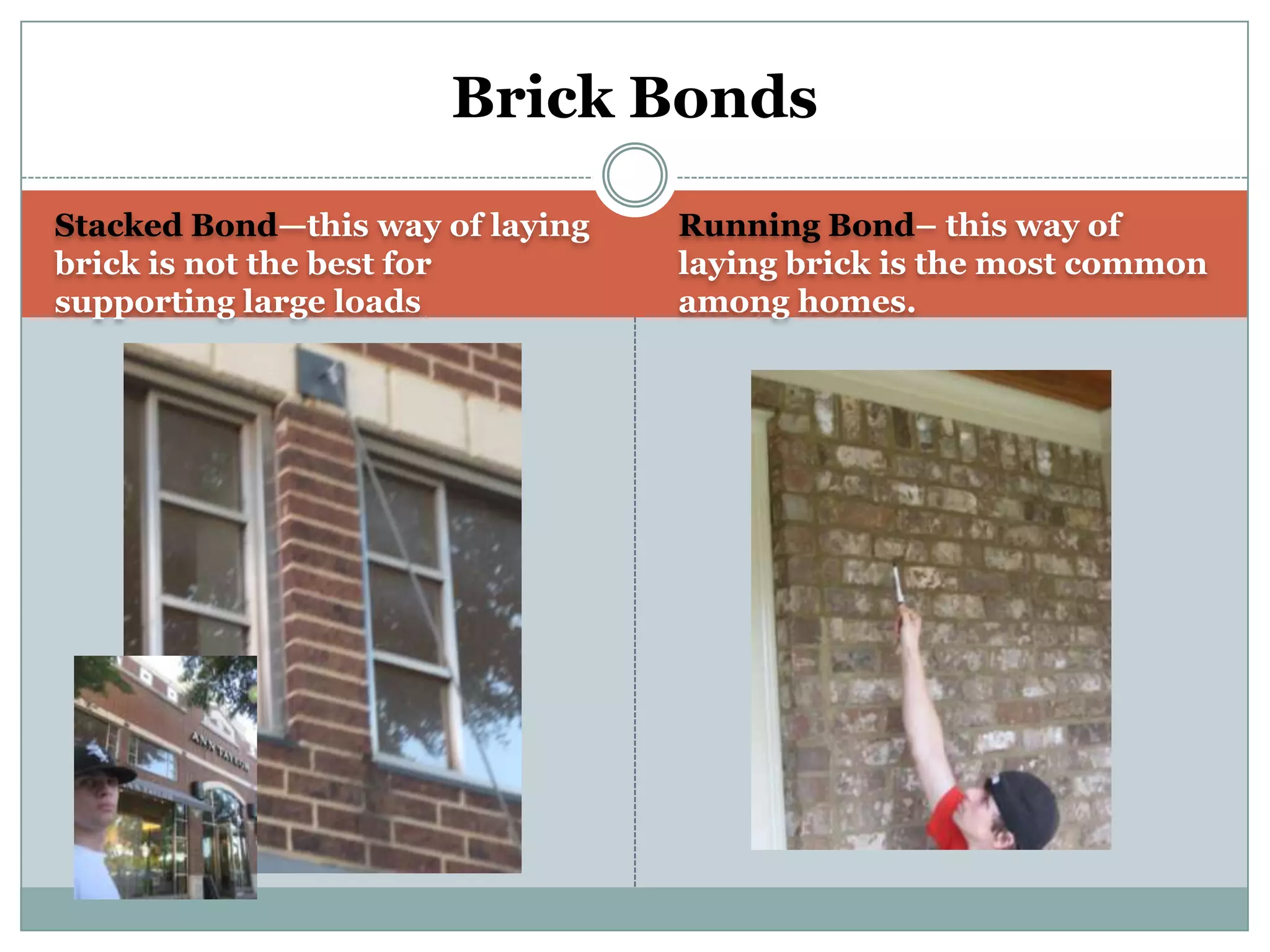 Stacked Bond—this way of laying brick is not the best for supporting large loadsRunning Bond– this way of laying brick is the most common among homes.Brick Bonds