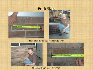 Brick SizesNon- Standard Brick 3”x3 ¾”x15 5/8”Modular Brick3 ½”x2 ¼”x7 ½”