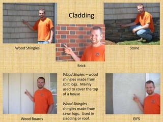 CladdingWood ShinglesStoneBrickWood Shakes – wood shingles made from split logs.  Mainly used to cover the top of a houseWood Shingles -  shingles made from sawn logs.  Used in cladding or roof.Wood BoardsEIFS