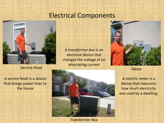 Electrical Components A transformer box is an electrical device that changes the voltage of an alternating currentService HeadMeterA service head is a device that brings power lines to the houseA electric meter is a device that measures how much electricity was used by a dwelling. Transformer Box