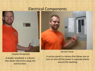 Electrical Components Service PanelDuplex ReceptacleA service panel is a device that allows you to turn on and off the power in separate places around the dwelling.A duplex receptacle is a device that allows electronics plug into and function.