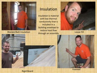 InsulationInsulation is material with low thermal conductivity that is included in a building envelope to reduce heat flow through an assemblyBlanket/Batt InsulationLoose FillFoamedRigid Board