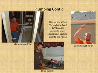 Plumbing Cont’dThis vent is a Vent Through the Roof (VTR) and it prevents sewer gases from backing up into the houseManufactured TubVent Through RoofDrop-In Sink
